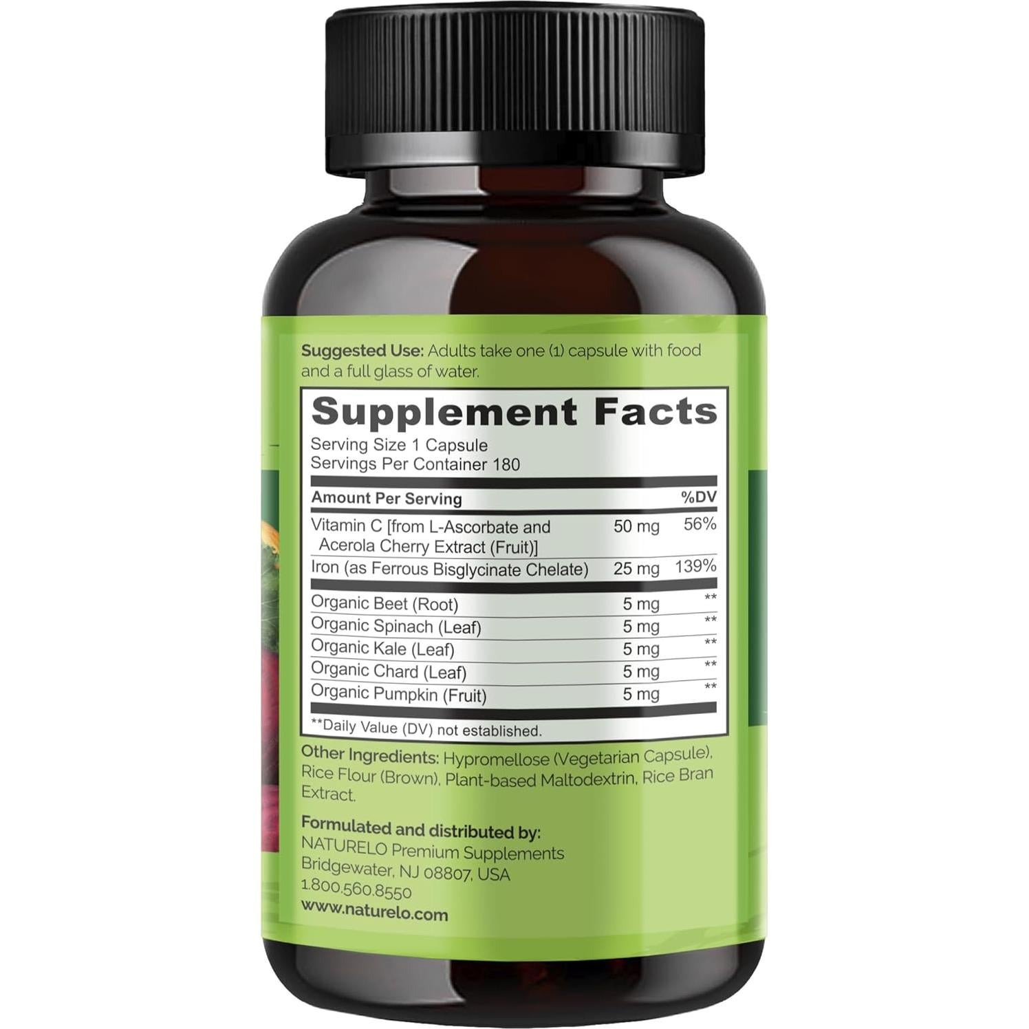 Suplemento de Hierro Vegano NATURELO 180 Cápsulas con Vitamina C