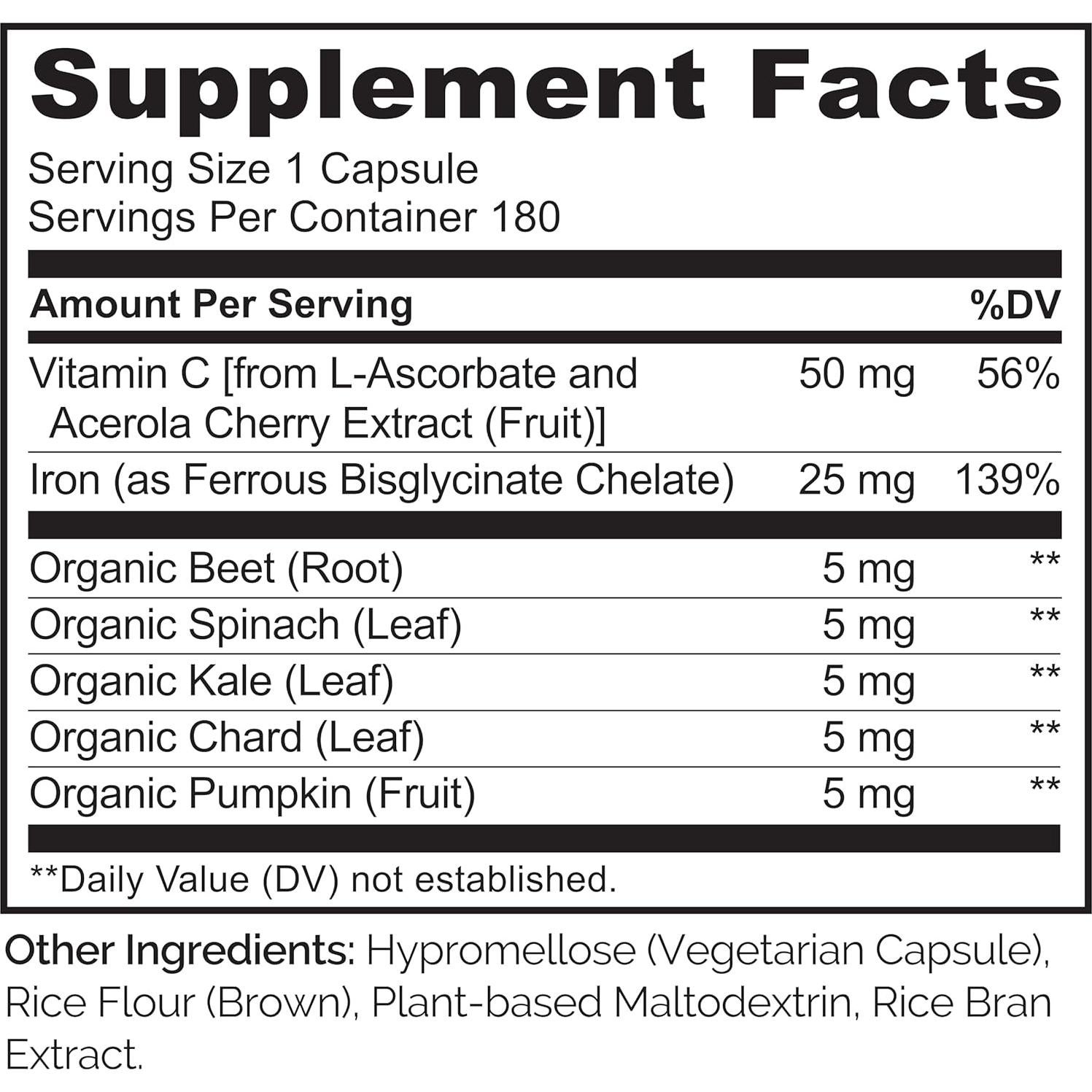 Suplemento de Hierro Vegano NATURELO 180 Cápsulas con Vitamina C