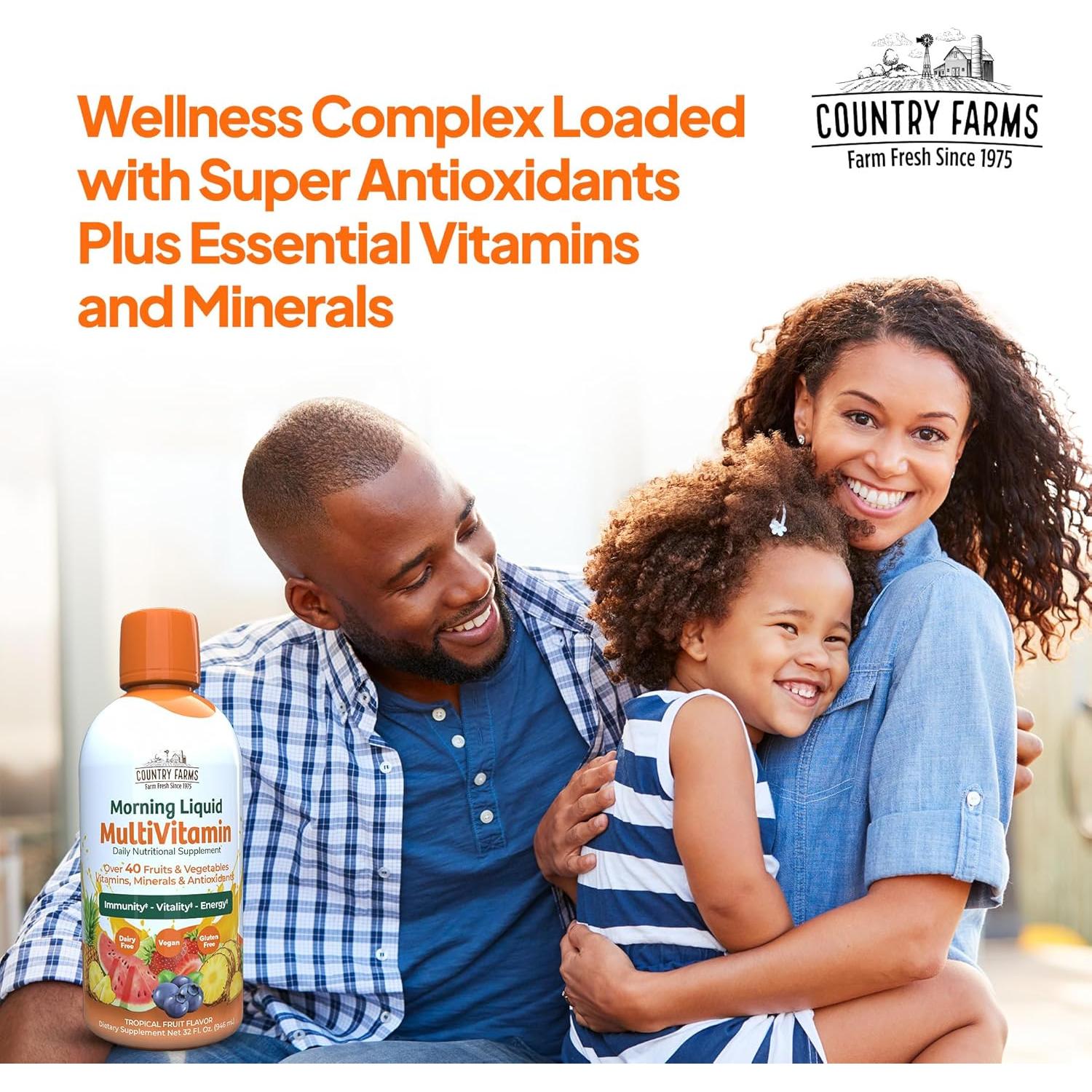 Multivitamínico Líquido Country Farms 946ml Vegano Sabor Fruta Tropical
