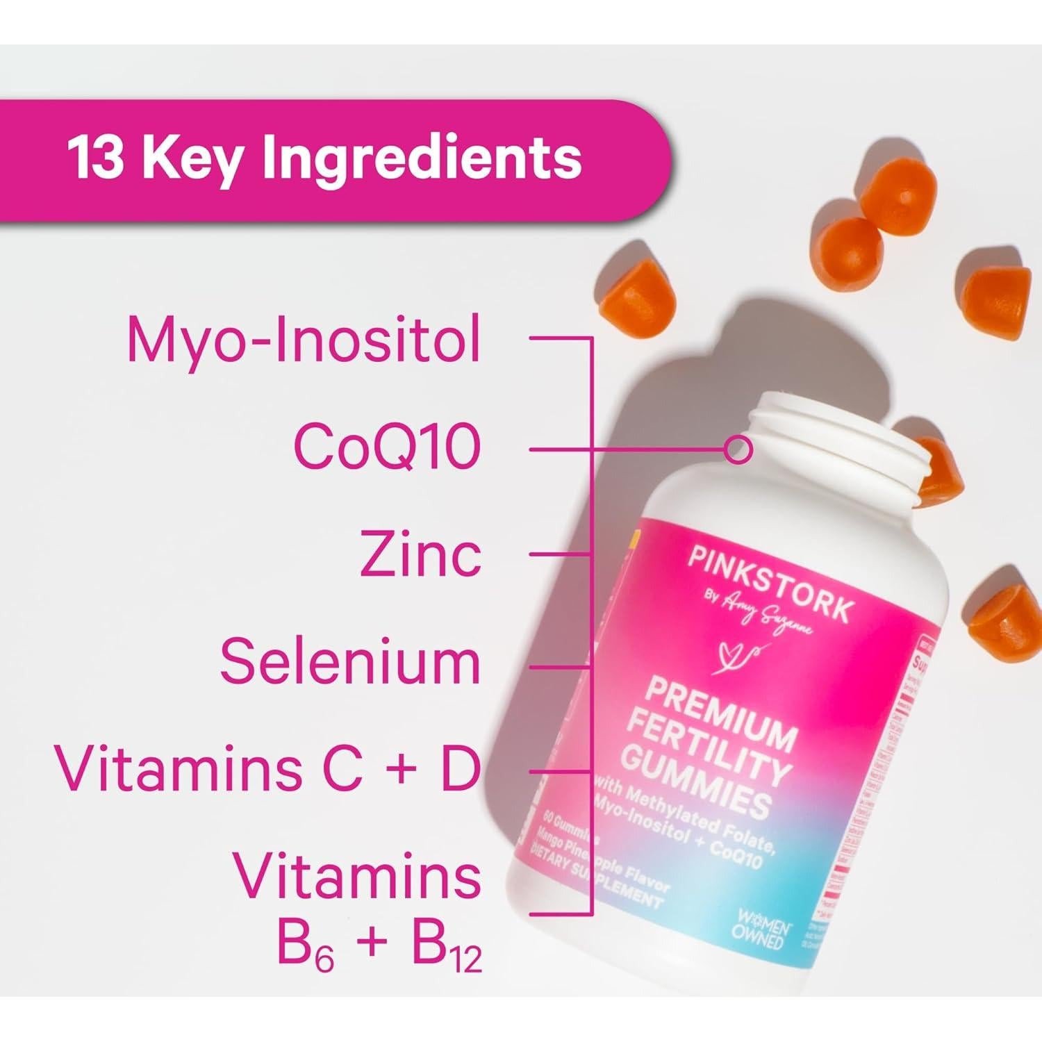 Gomitas de Fertilidad Pink Stork 60 unidades - Suplementos para Mujeres con Inositol, CoQ10 y Folato