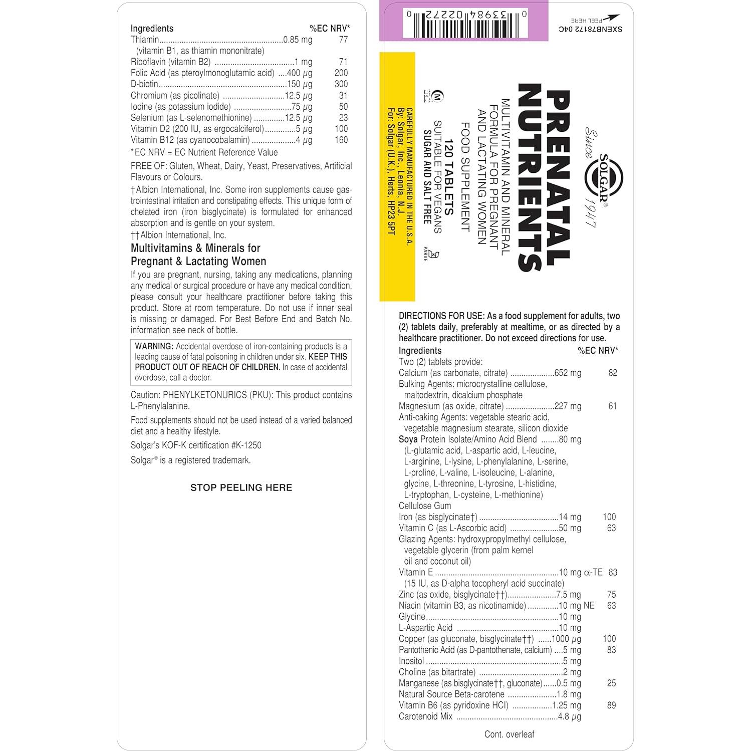 Solgar Nutrientes Prenatales 120 Tabletas Multivitamínico Vegano