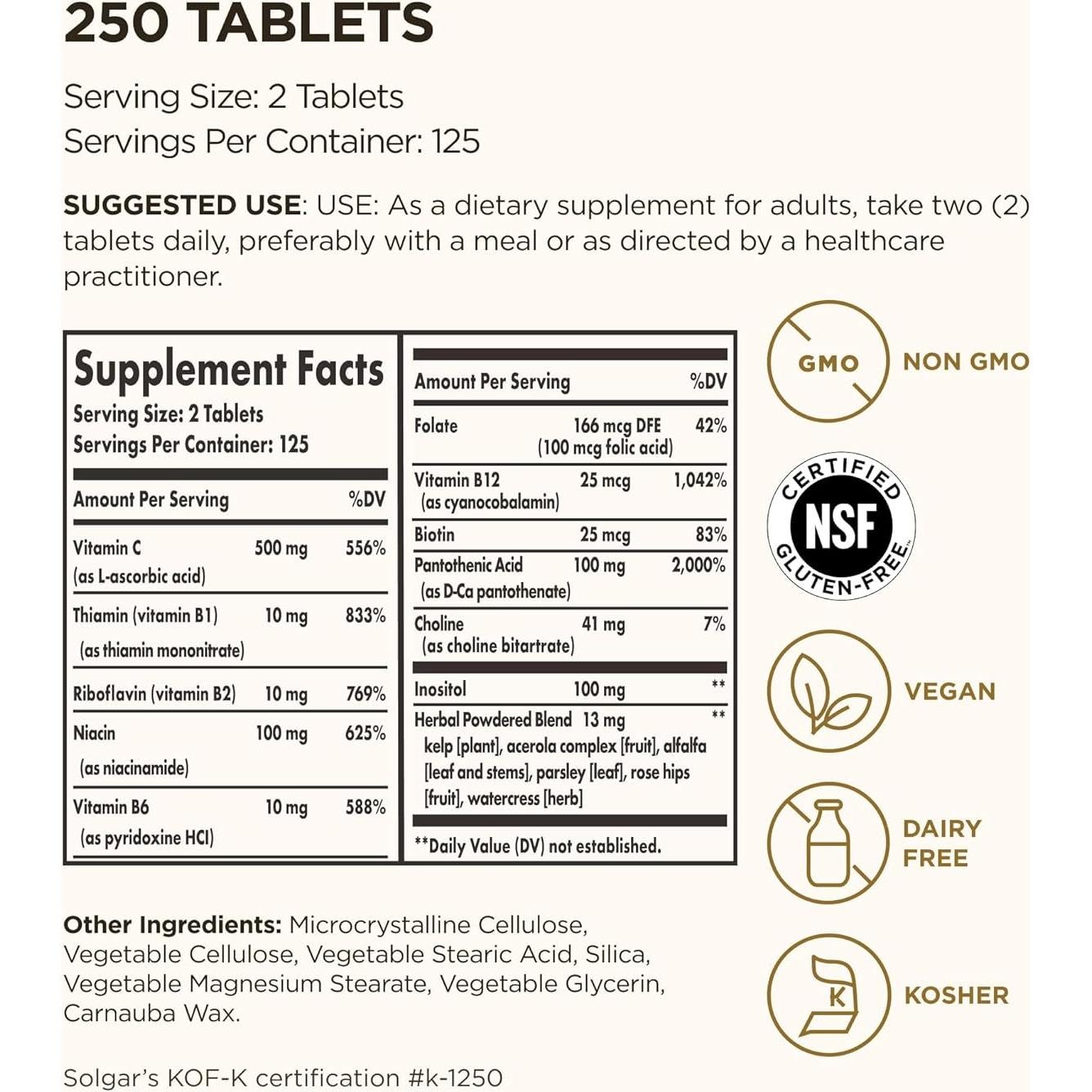 Solgar B-Complejo con Vitamina C 250 Tabletas - Energía y Estrés