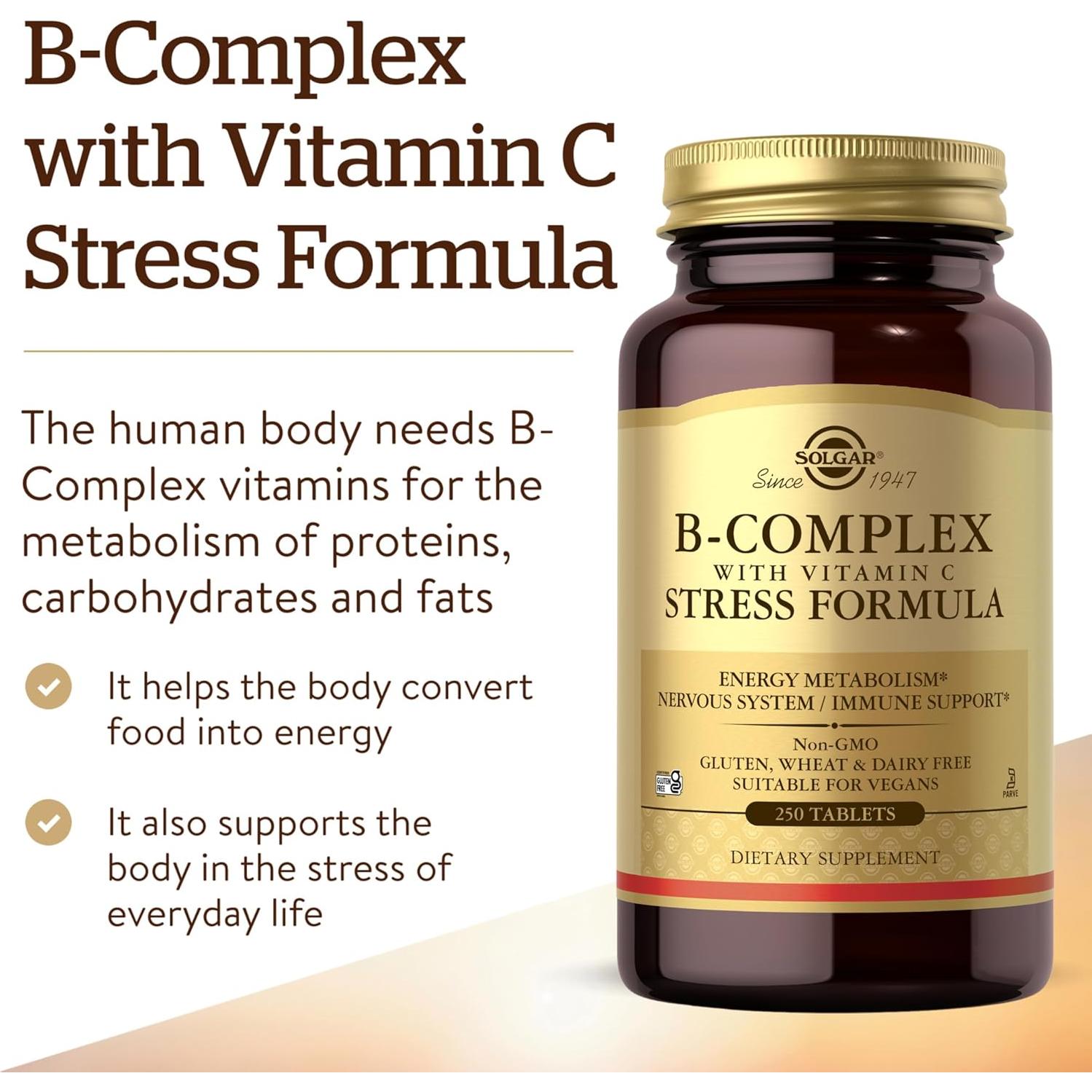 Solgar B-Complejo con Vitamina C 250 Tabletas - Energía y Estrés