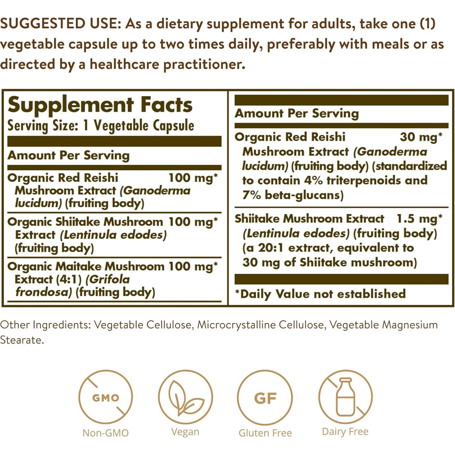 Complejo Multi-Hongo Solgar 50 Cápsulas Veganas - Reishi, Shiitake, Maitake