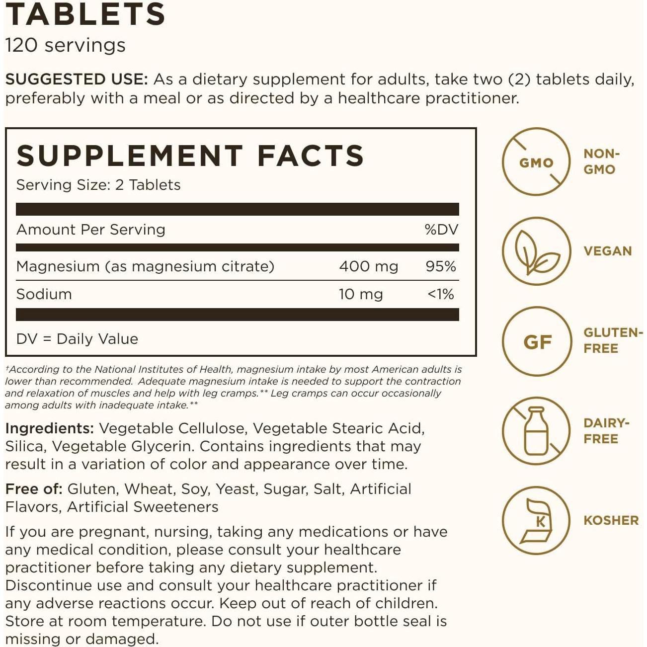 Citrato de Magnesio Solgar 120 Tabletas - Huesos Saludables