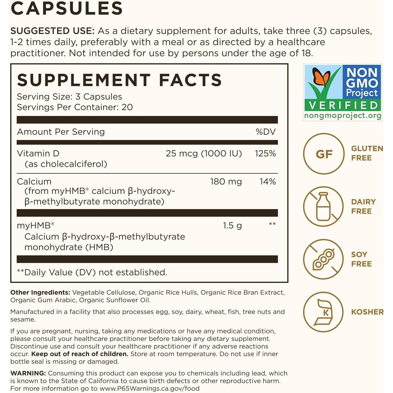 Suplemento Muscular Solgar con HMB y Vitamina D - 20 Porciones