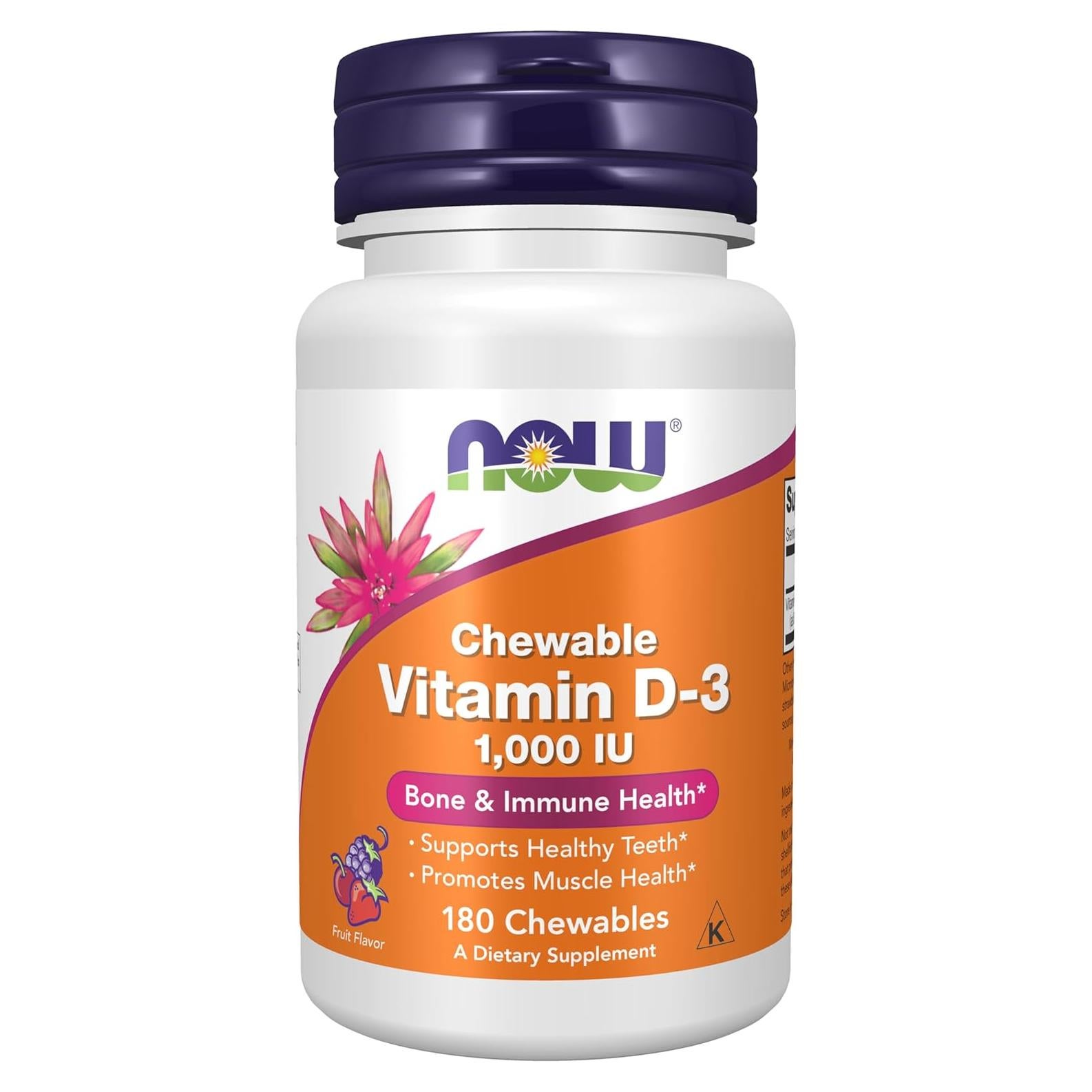Vitamina D-3 Masticable NOW Foods 1000 UI Fruta 180 Unidades