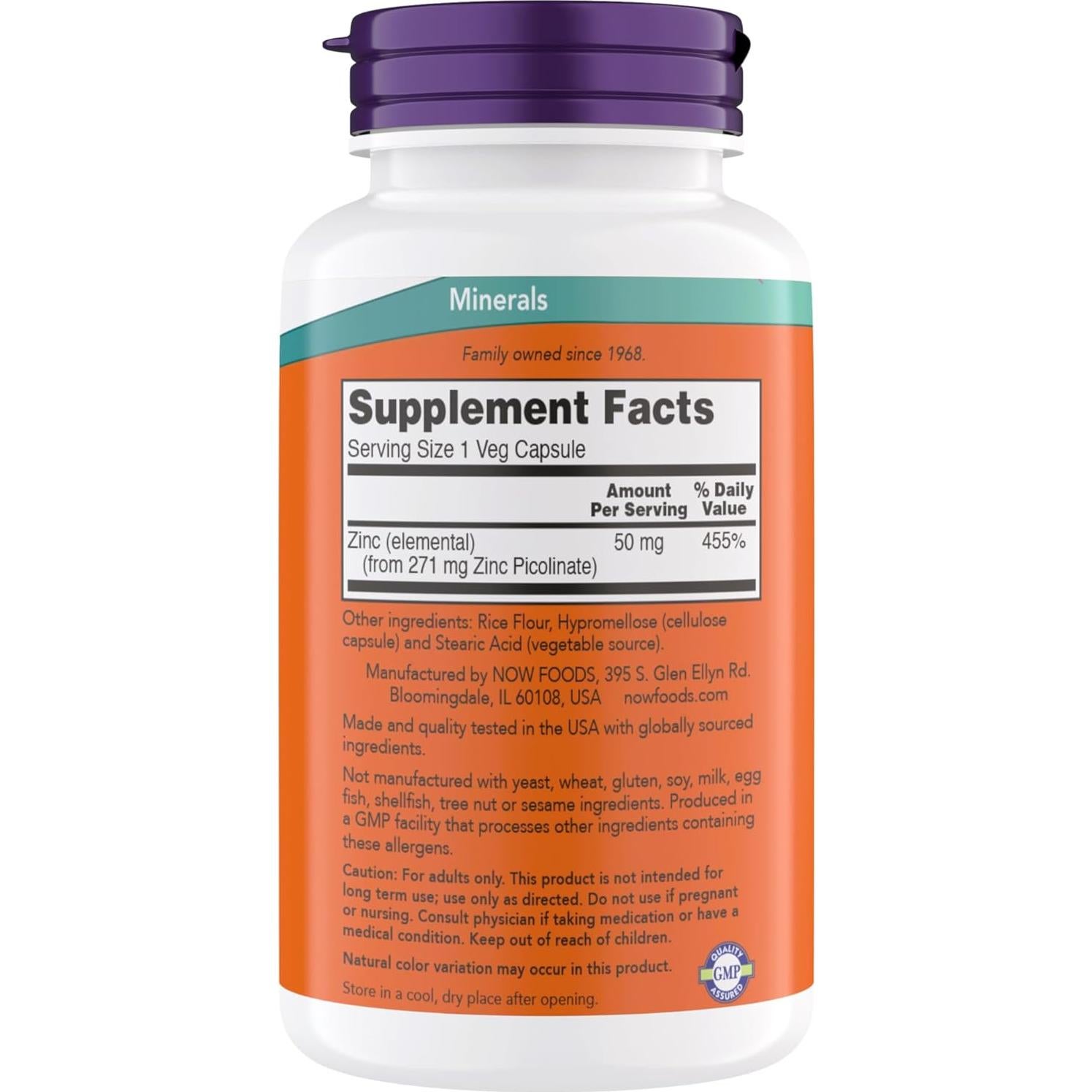 Suplemento Picolinato de Zinc 50 mg Now - 240 Cápsulas Veganas