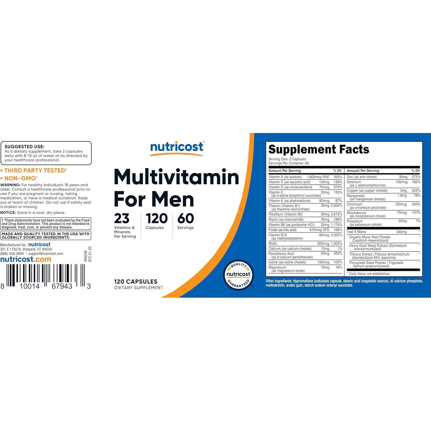 Multivitamina Nutricost para Hombres 120 Cápsulas - Vitaminas y Minerales