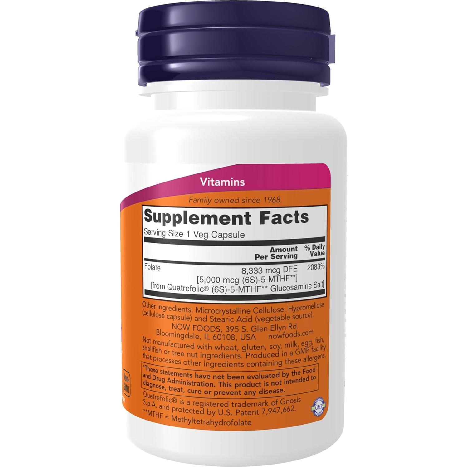 Suplemento Metilfolato 5000 mcg NOW Foods - 50 Cápsulas Veganas