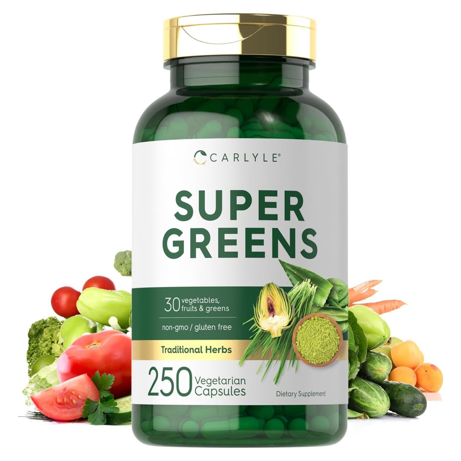 Cápsulas Super Greens Carlyle | 250 Unidades | Suplemento Sin OGM y Gluten