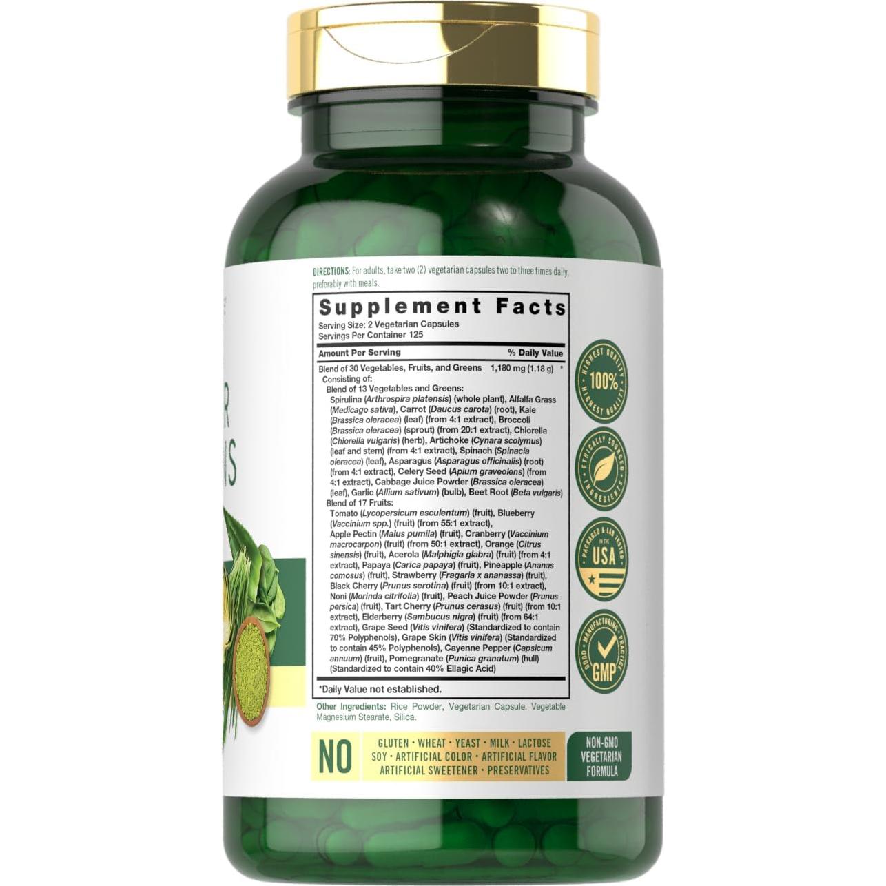 Cápsulas Super Greens Carlyle | 250 Unidades | Suplemento Sin OGM y Gluten