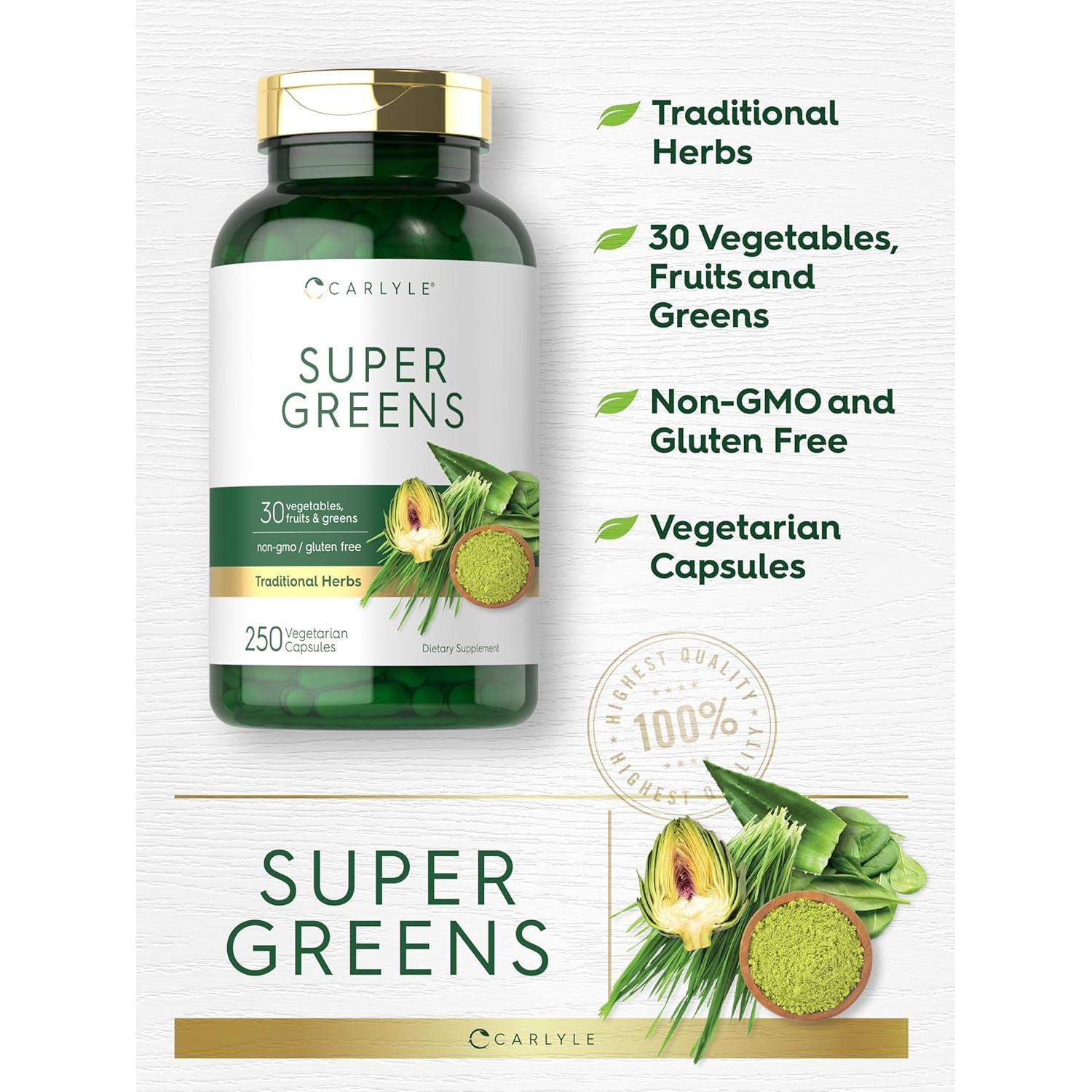 Cápsulas Super Greens Carlyle | 250 Unidades | Suplemento Sin OGM y Gluten