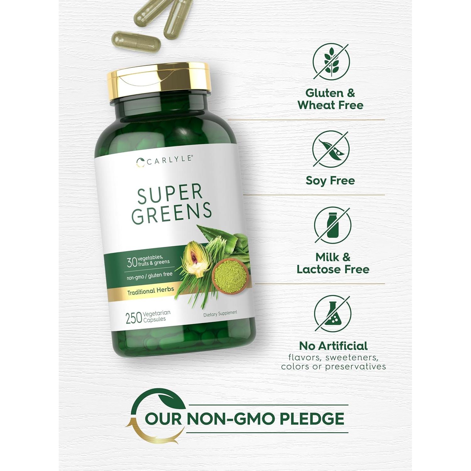 Cápsulas Super Greens Carlyle | 250 Unidades | Suplemento Sin OGM y Gluten