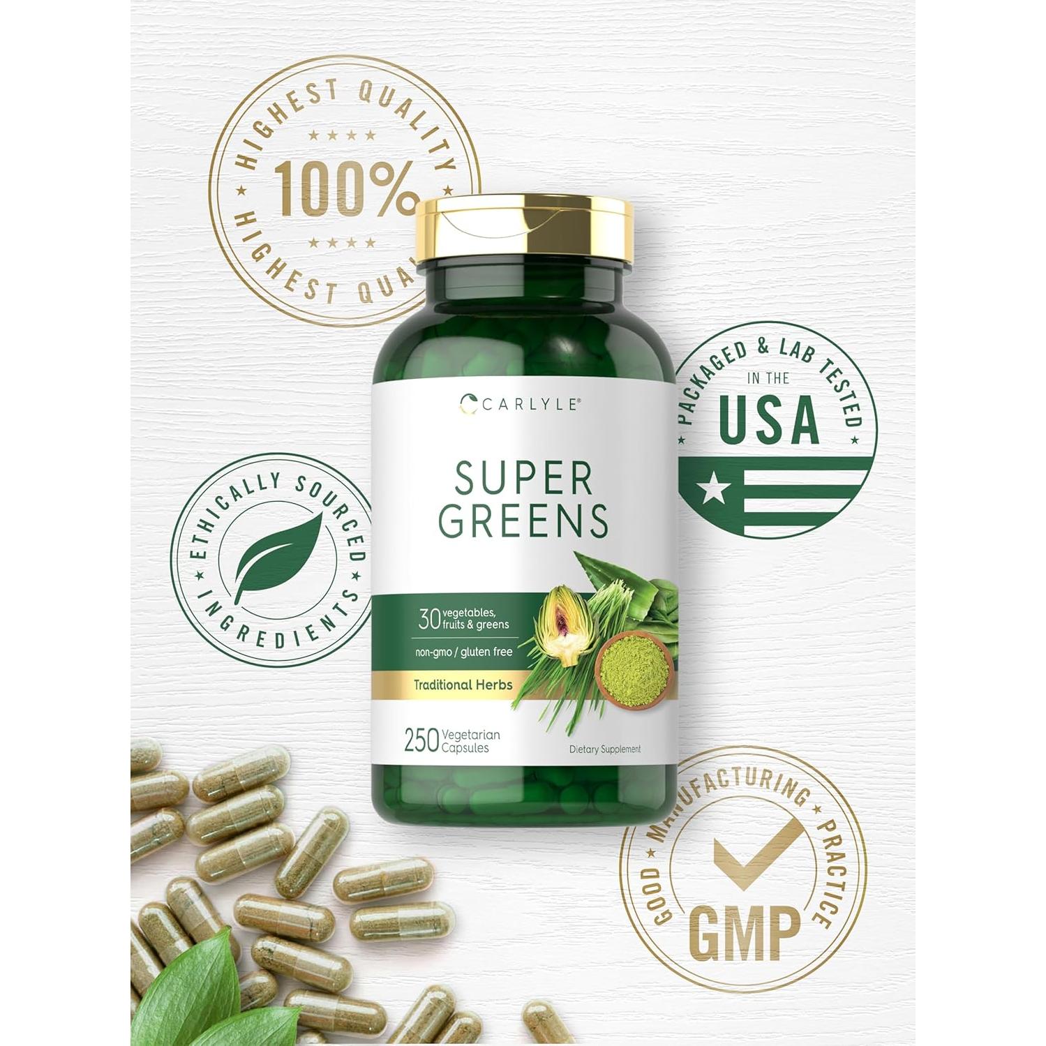 Cápsulas Super Greens Carlyle | 250 Unidades | Suplemento Sin OGM y Gluten