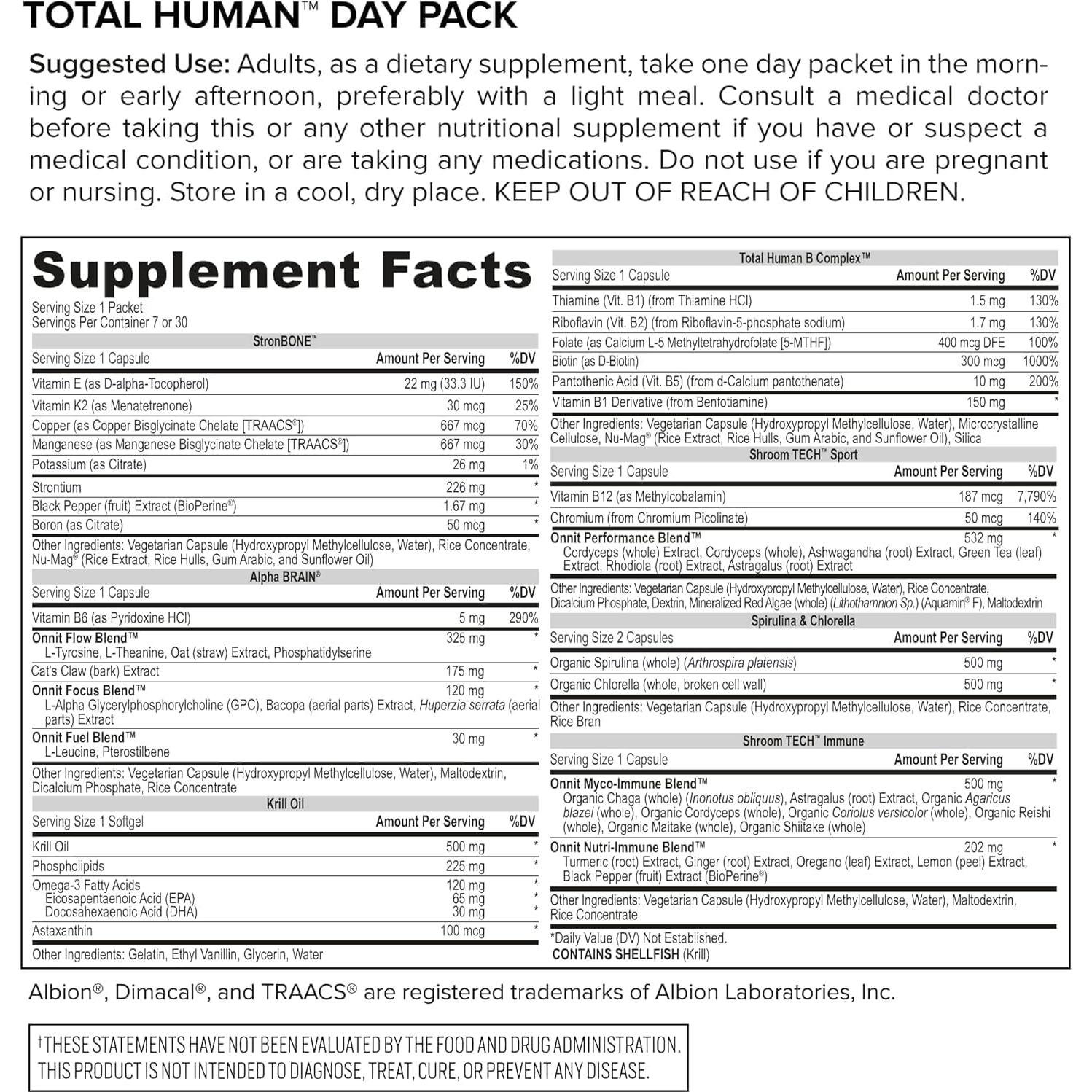 Onnit Total Human Multivitamínico 30 Paquetes Día y Noche