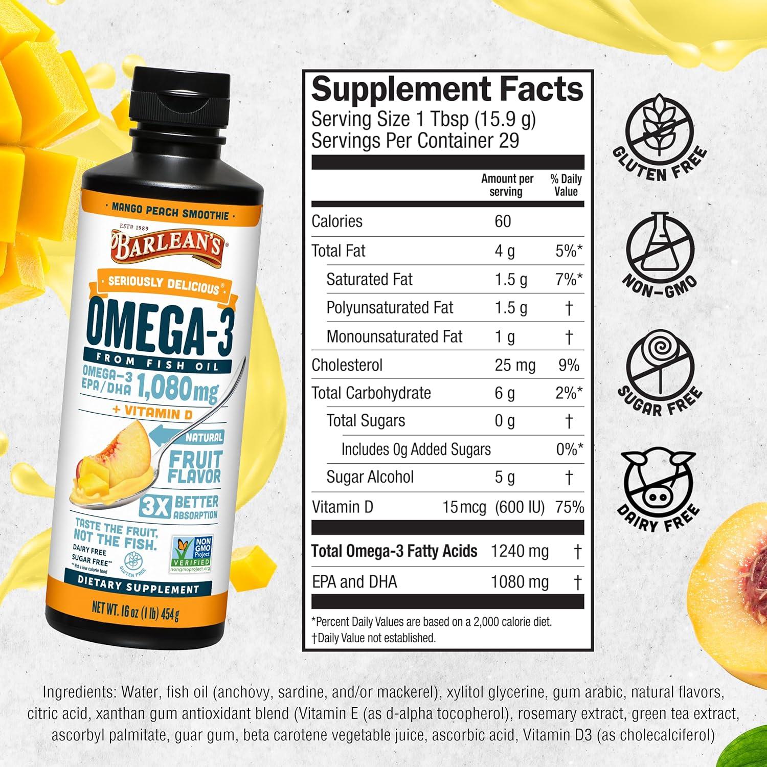 Suplemento Líquido Omega 3 Barlean's Mango Durazno 473ml