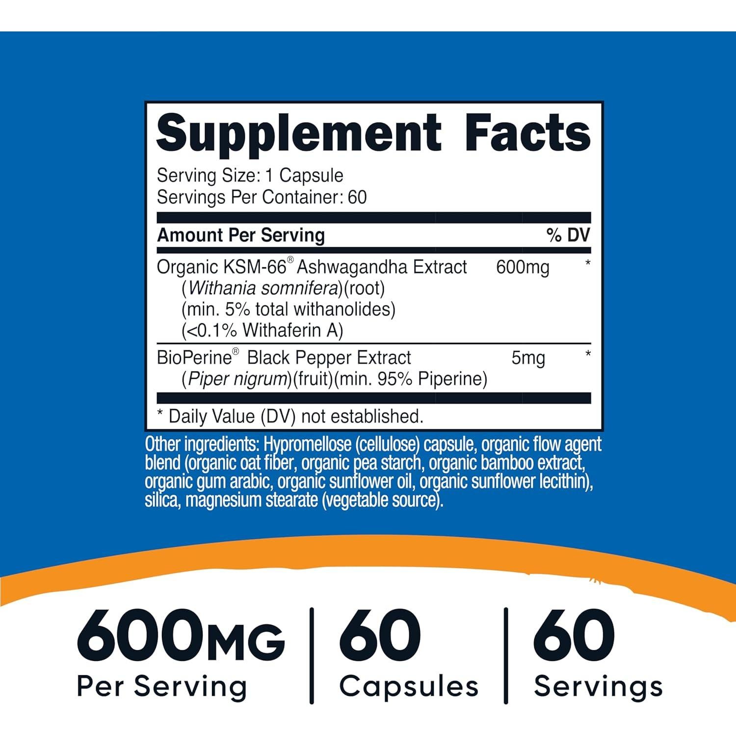 Extracto de Raíz de Ashwagandha KSM-66 Nutricost 600mg 60 Cápsulas