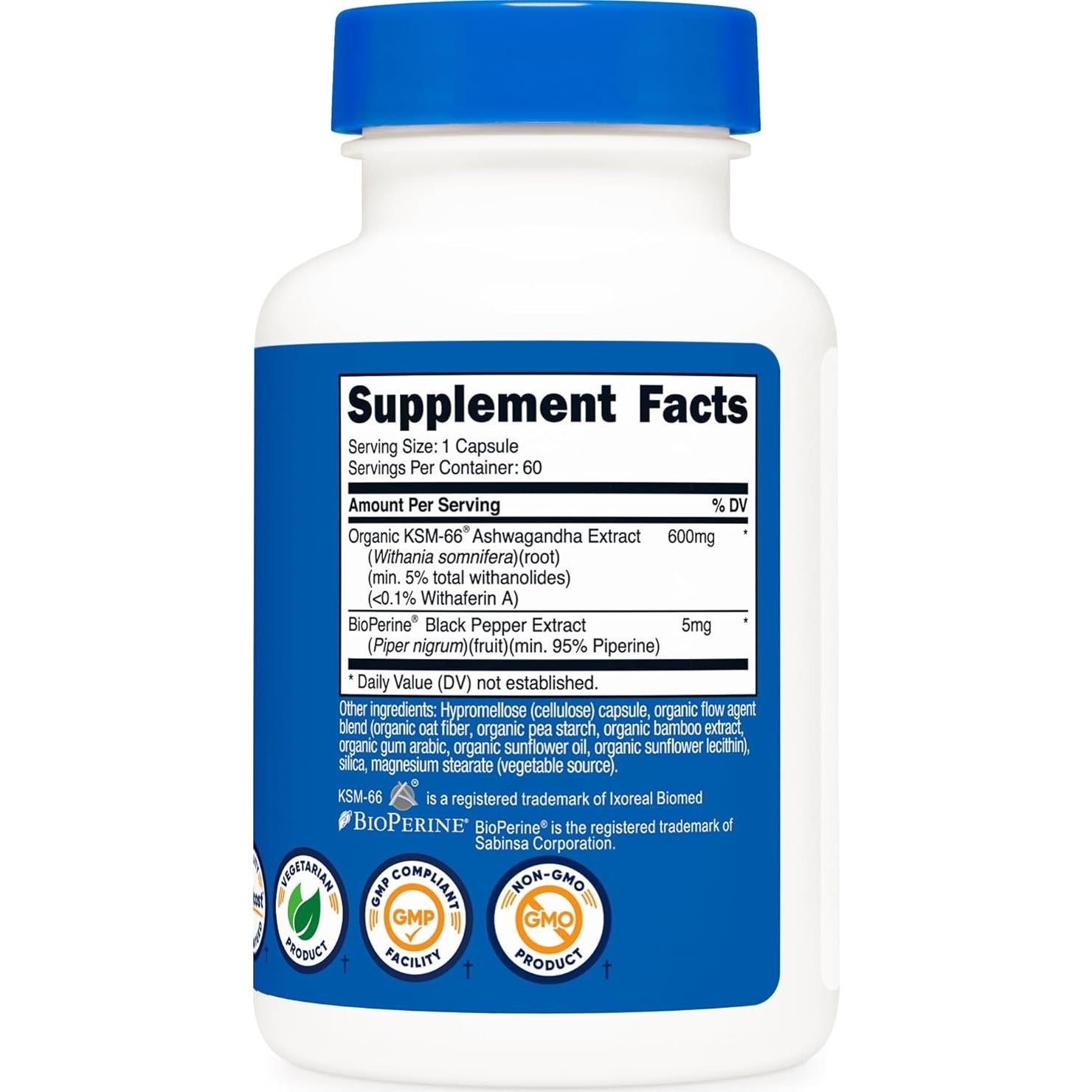 Extracto de Raíz de Ashwagandha KSM-66 Nutricost 600mg 60 Cápsulas