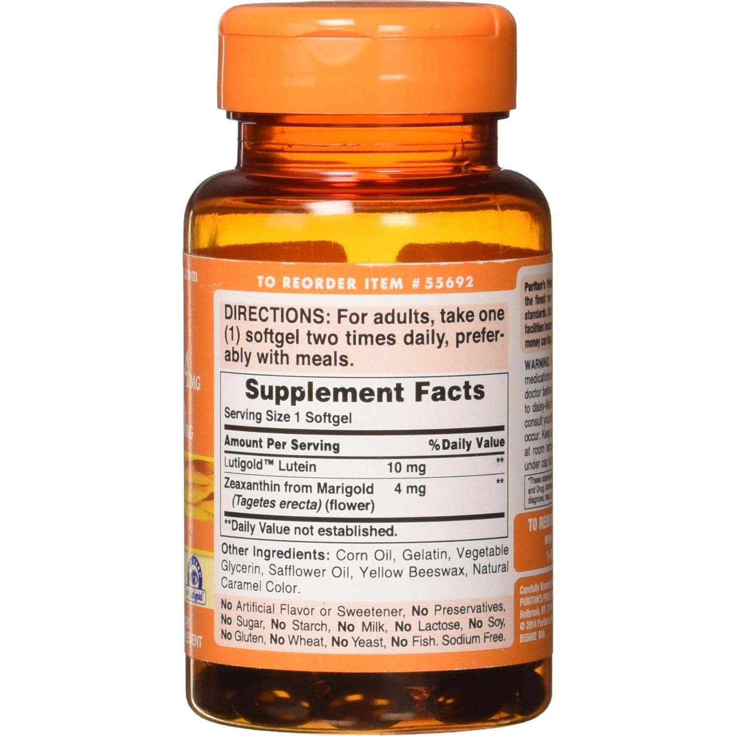 Suplemento Ocular Puritan's Pride Zeaxantina 4mg Luteína 10mg 60 Cápsulas