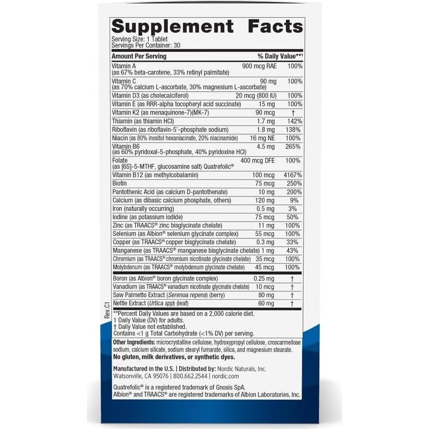 Multivitamina Diaria para Hombres Nordic Naturals - 20 Nutrientes - 30 Tabletas