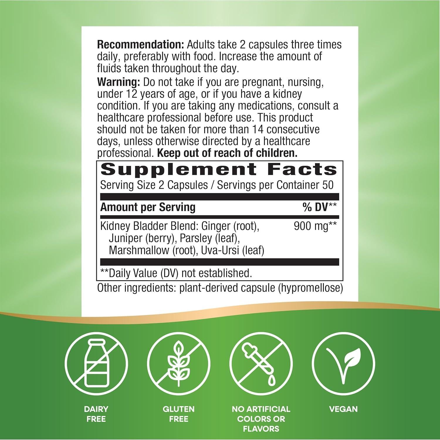 Suplemento Herbal Nature's Way Riñón y Vejiga 100 Cápsulas 900 mg