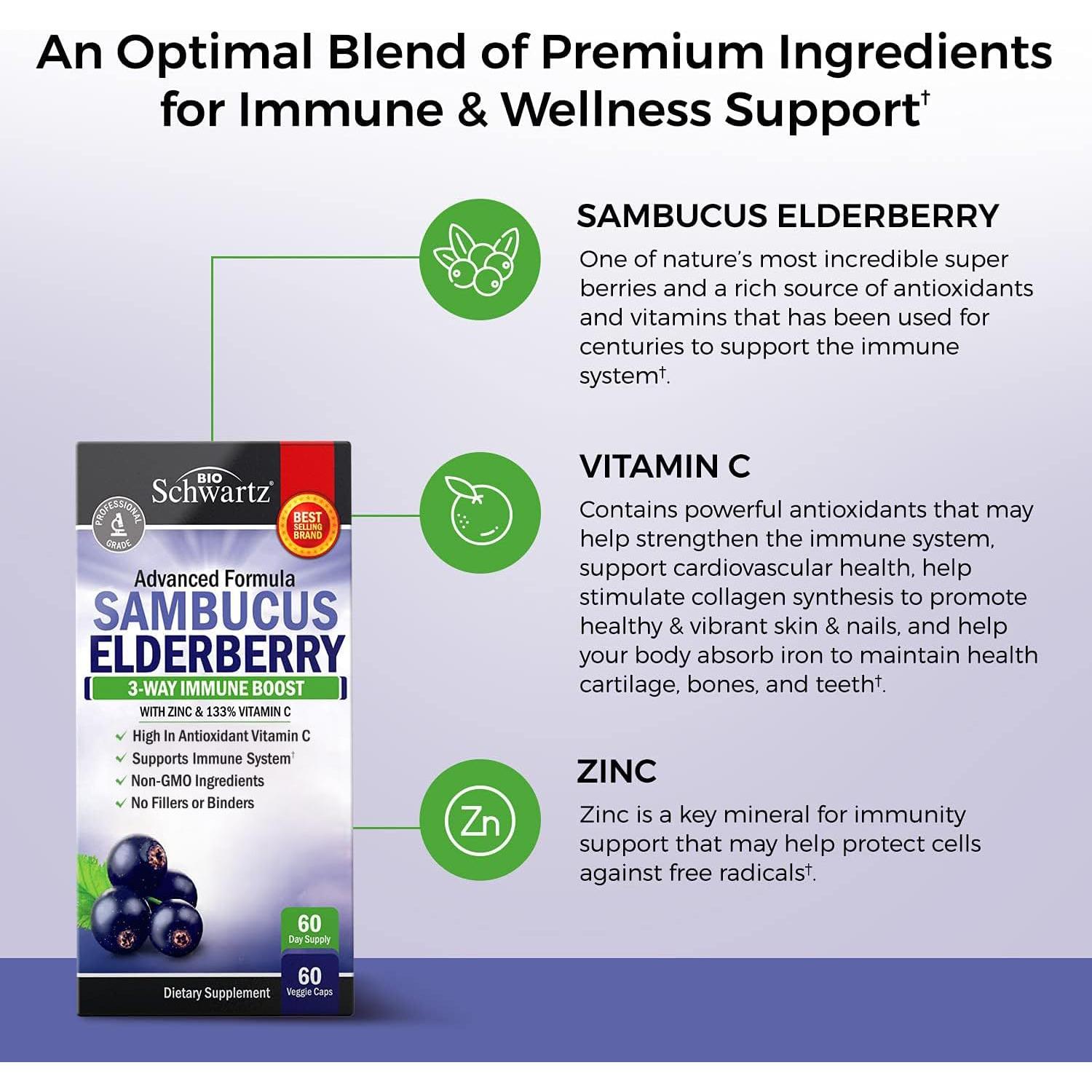 Cápsulas de Saúco BioSchwartz con Zinc y Vitamina C - 60 Unidades