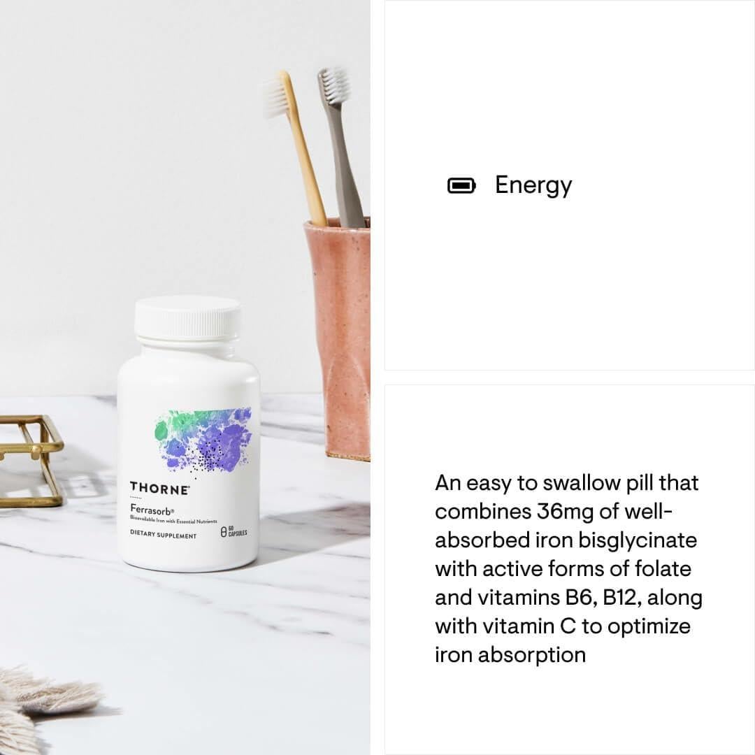 THORNE Ferrasorb 36 mg Hierro Elemental y Vitaminas B y C - 60 Cápsulas