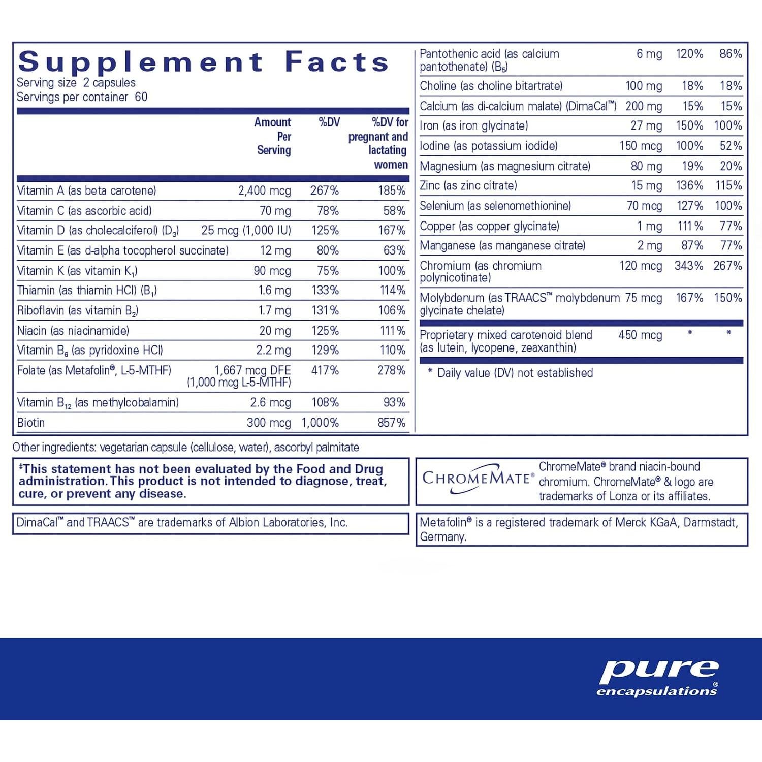 Nutrientes Prenatales Pure Encapsulations 120 Cápsulas - Energía y ADN