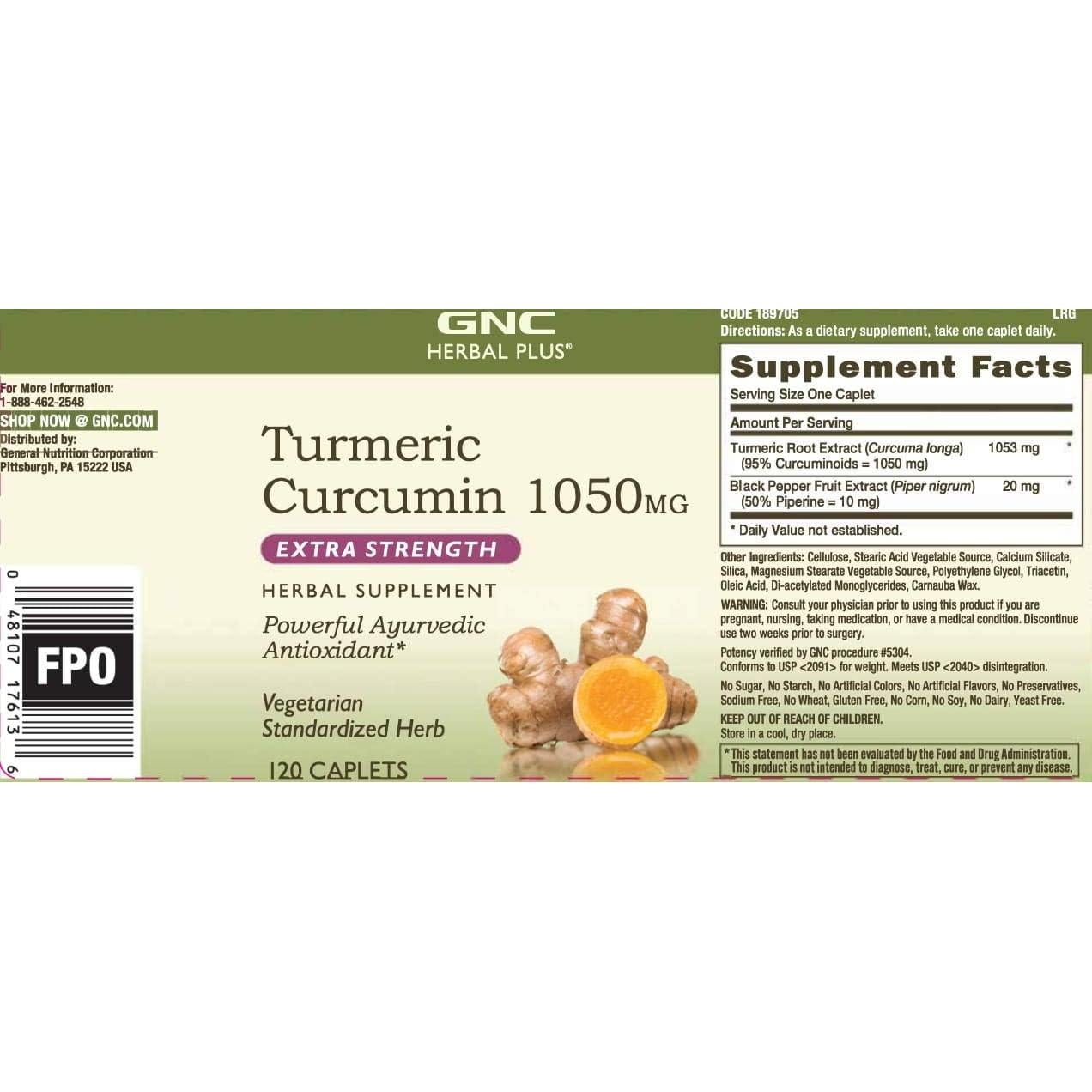 Suplemento de Cúrcuma Curcumina GNC Herbal Plus 1000mg 120 Porciones