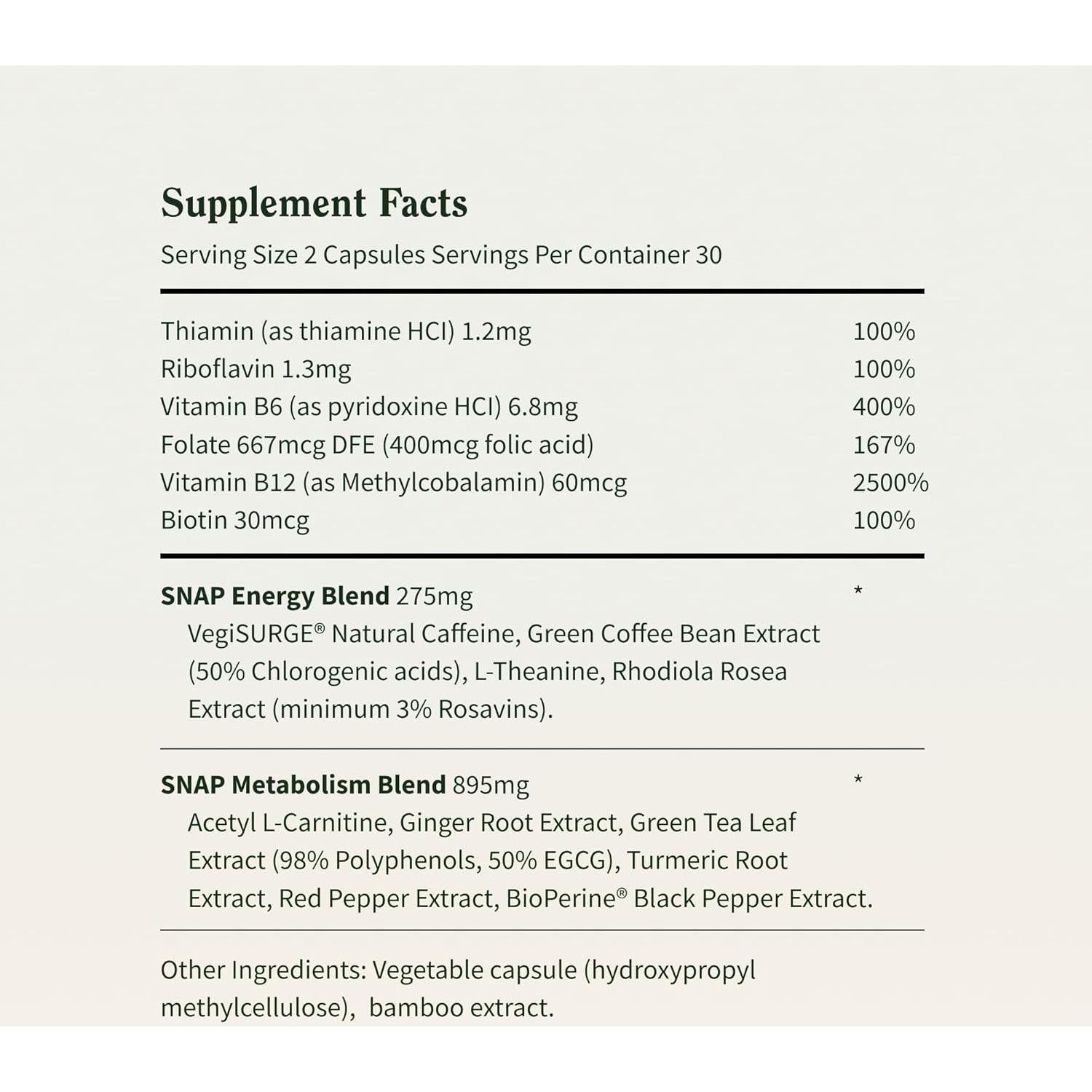 Suplemento Energético Natural Snap Supplements 60 Cápsulas