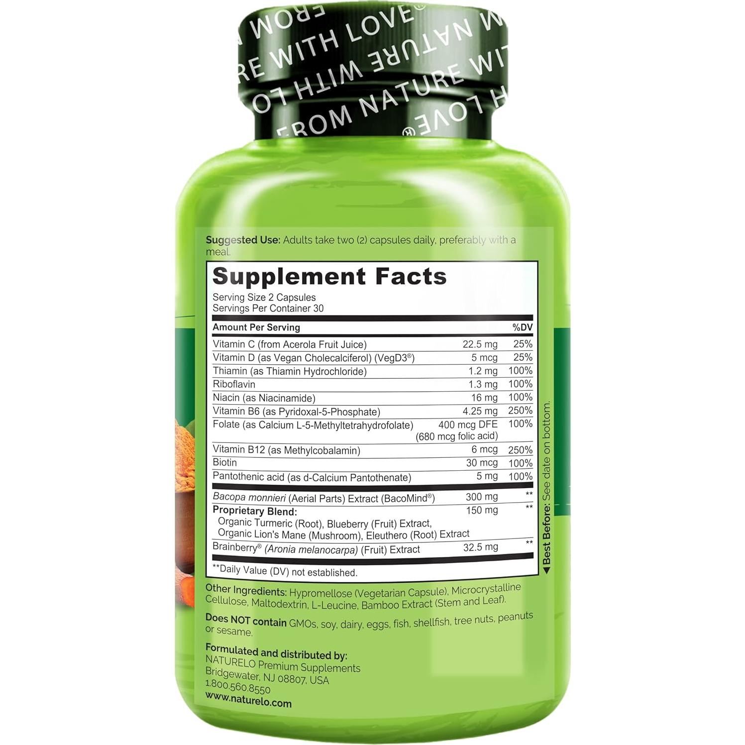 Suplemento Cerebral NATURELO 60 Cápsulas Vegetarianas - Memoria y Enfoque