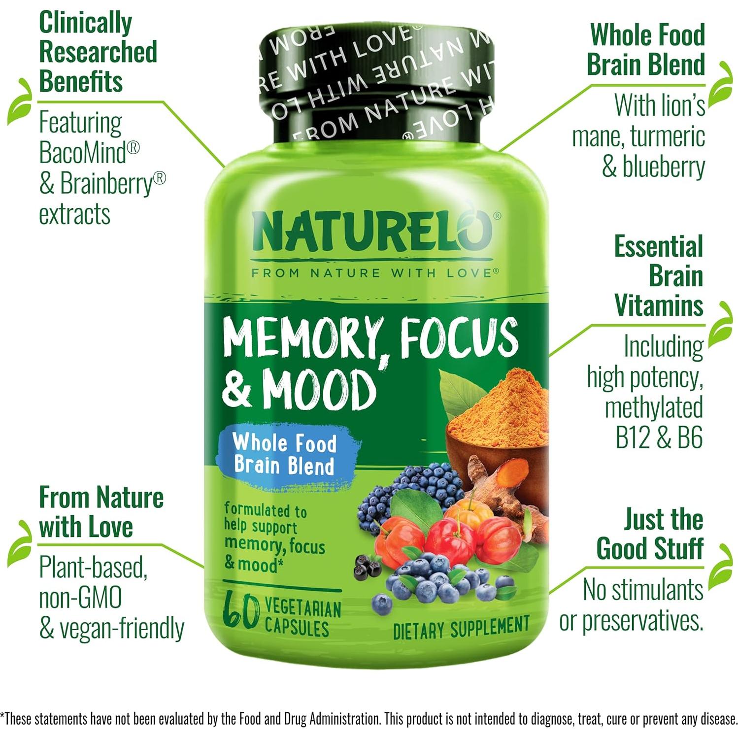 Suplemento Cerebral NATURELO 60 Cápsulas Vegetarianas - Memoria y Enfoque