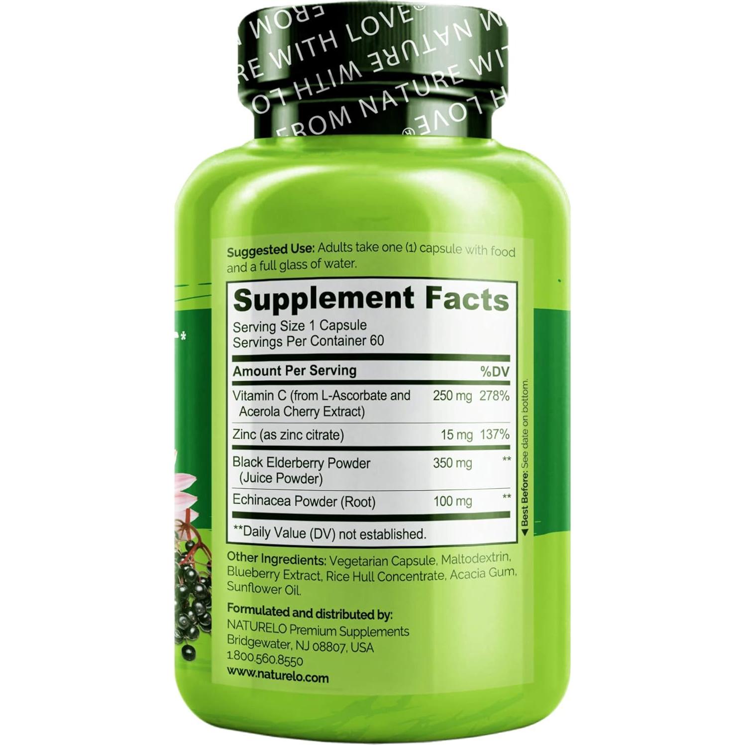 Suplemento Inmunológico NATURELO - Vitamina C, Zinc, Saúco - 120 Cápsulas Veganas