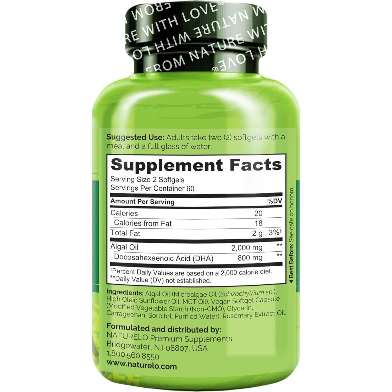 Suplemento DHA Vegano NATURELO - Omega 3 de Algas - 120 Cápsulas