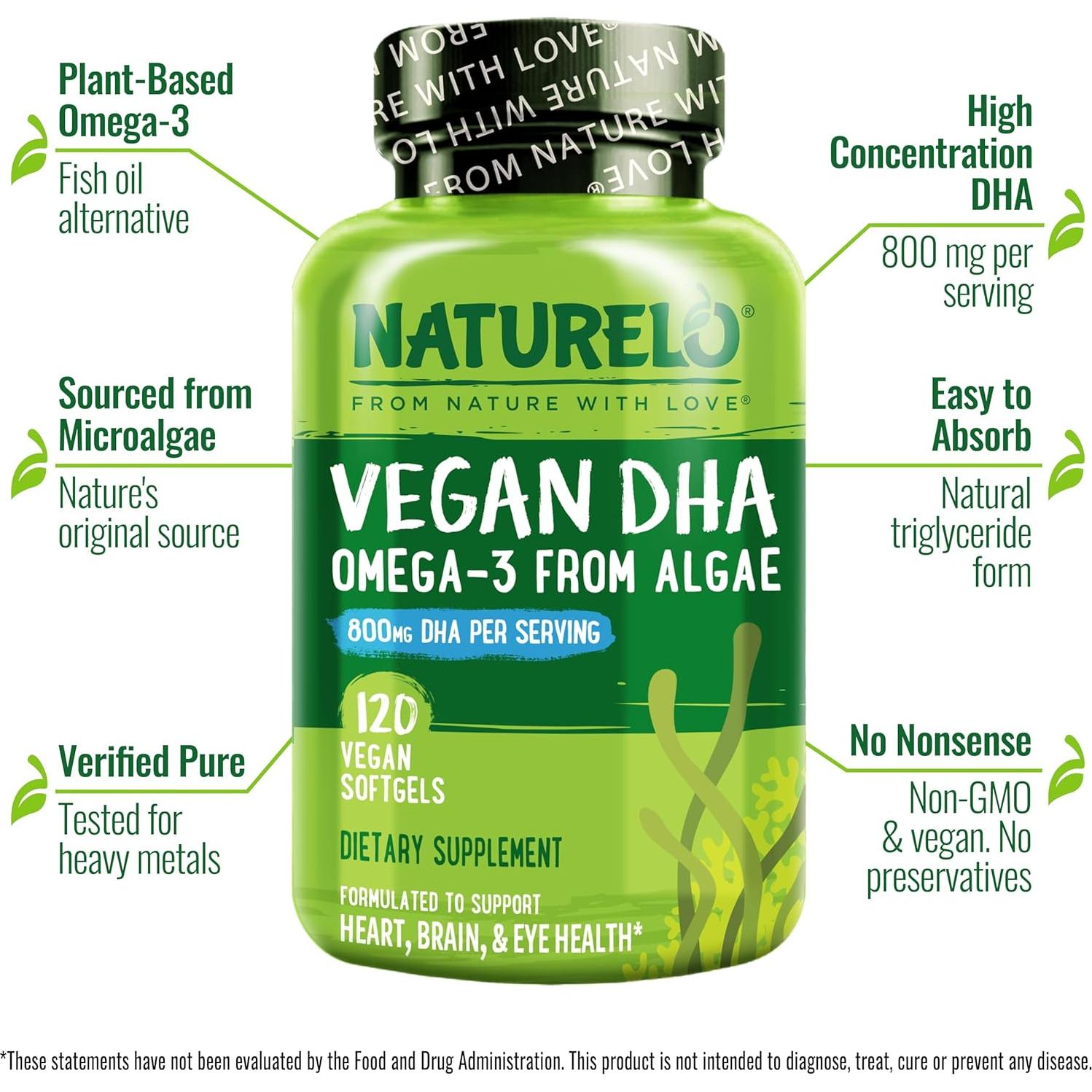 Suplemento DHA Vegano NATURELO - Omega 3 de Algas - 120 Cápsulas