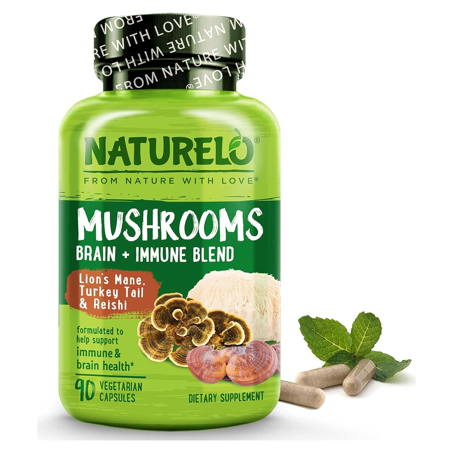 Suplemento de Champiñones NATURELO 90 Cápsulas Veganas - Salud Cerebral e Inmunidad