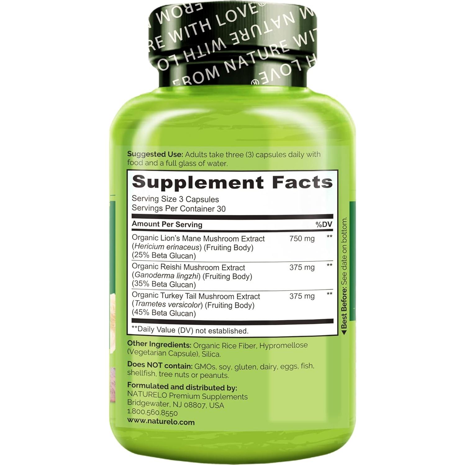 Suplemento de Champiñones NATURELO 90 Cápsulas Veganas - Salud Cerebral e Inmunidad