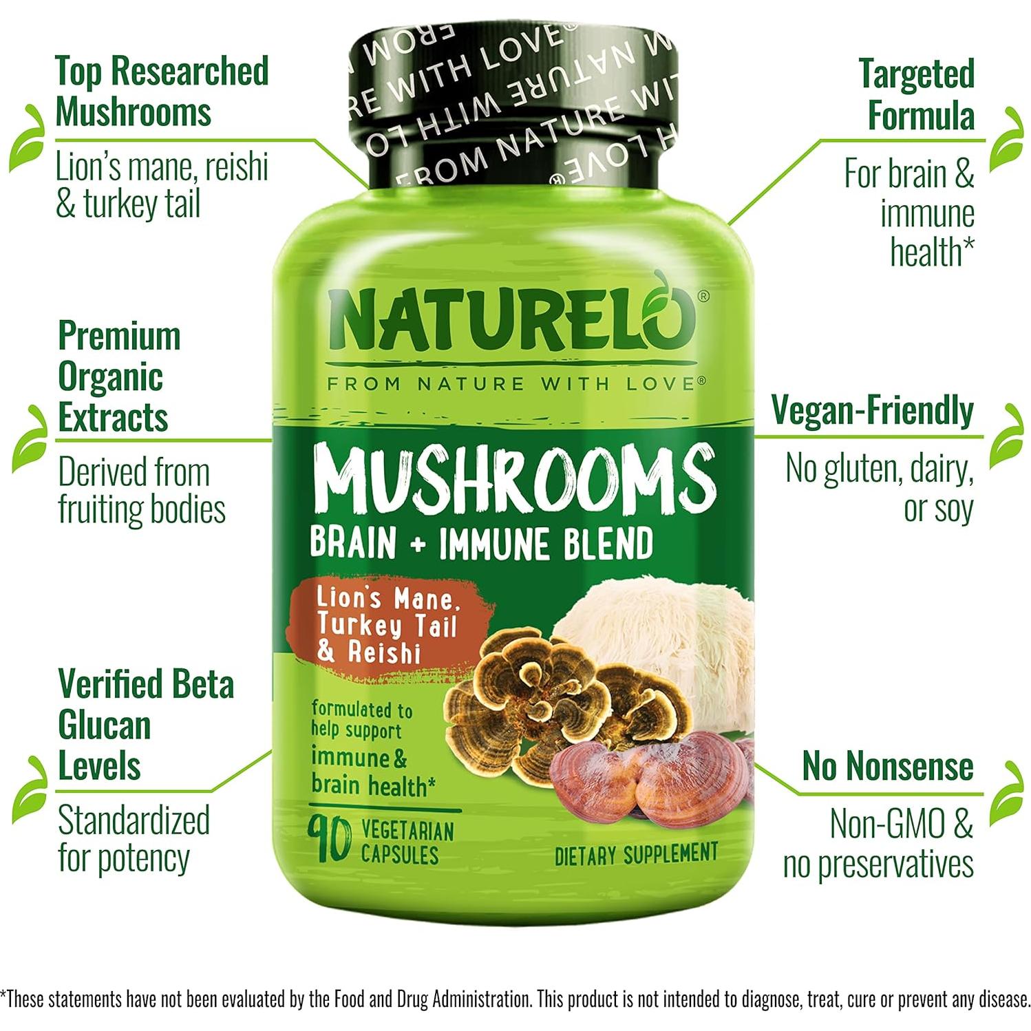 Suplemento de Champiñones NATURELO 90 Cápsulas Veganas - Salud Cerebral e Inmunidad