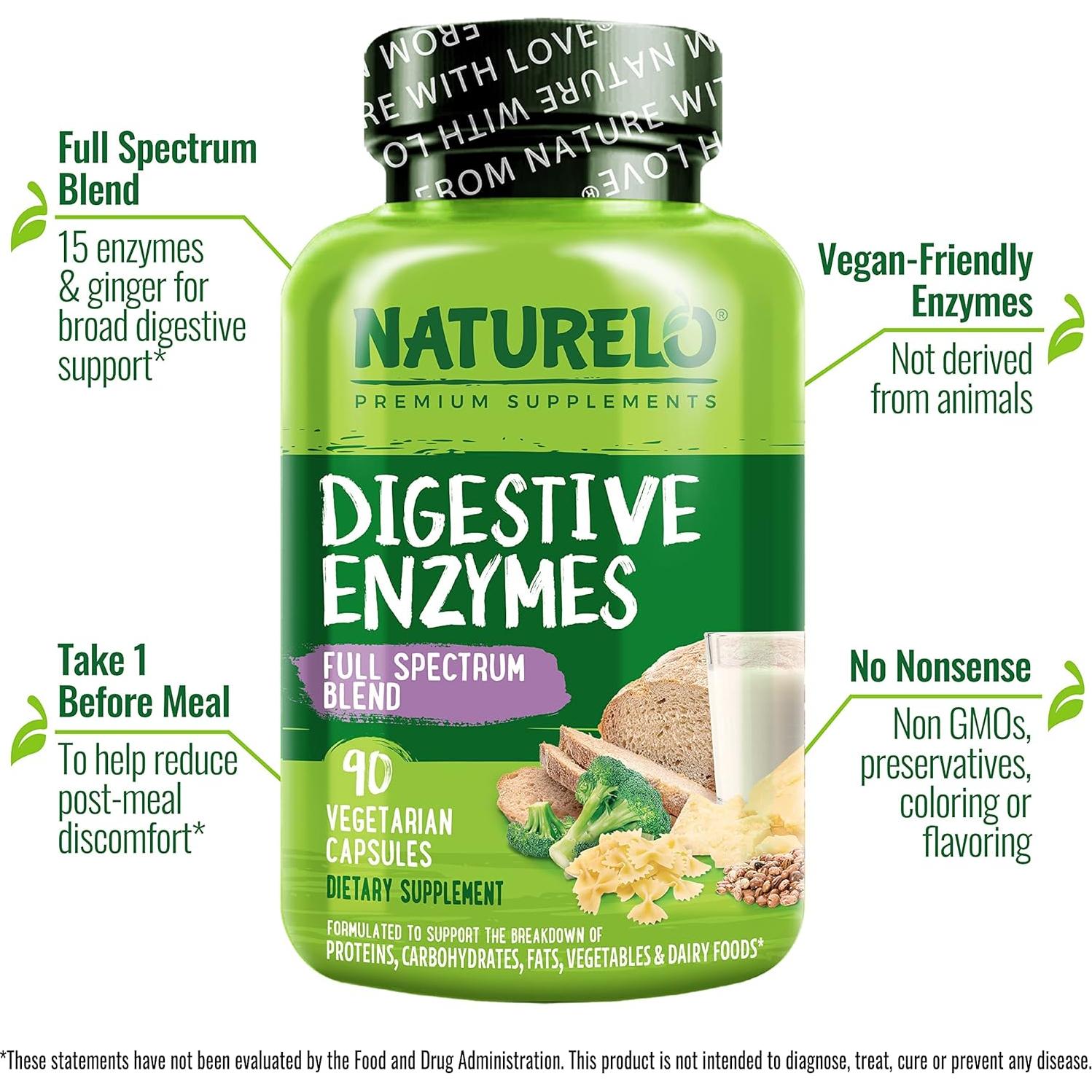 Enzimas Digestivas NATURELO con Jengibre - 180 Cápsulas Veganas