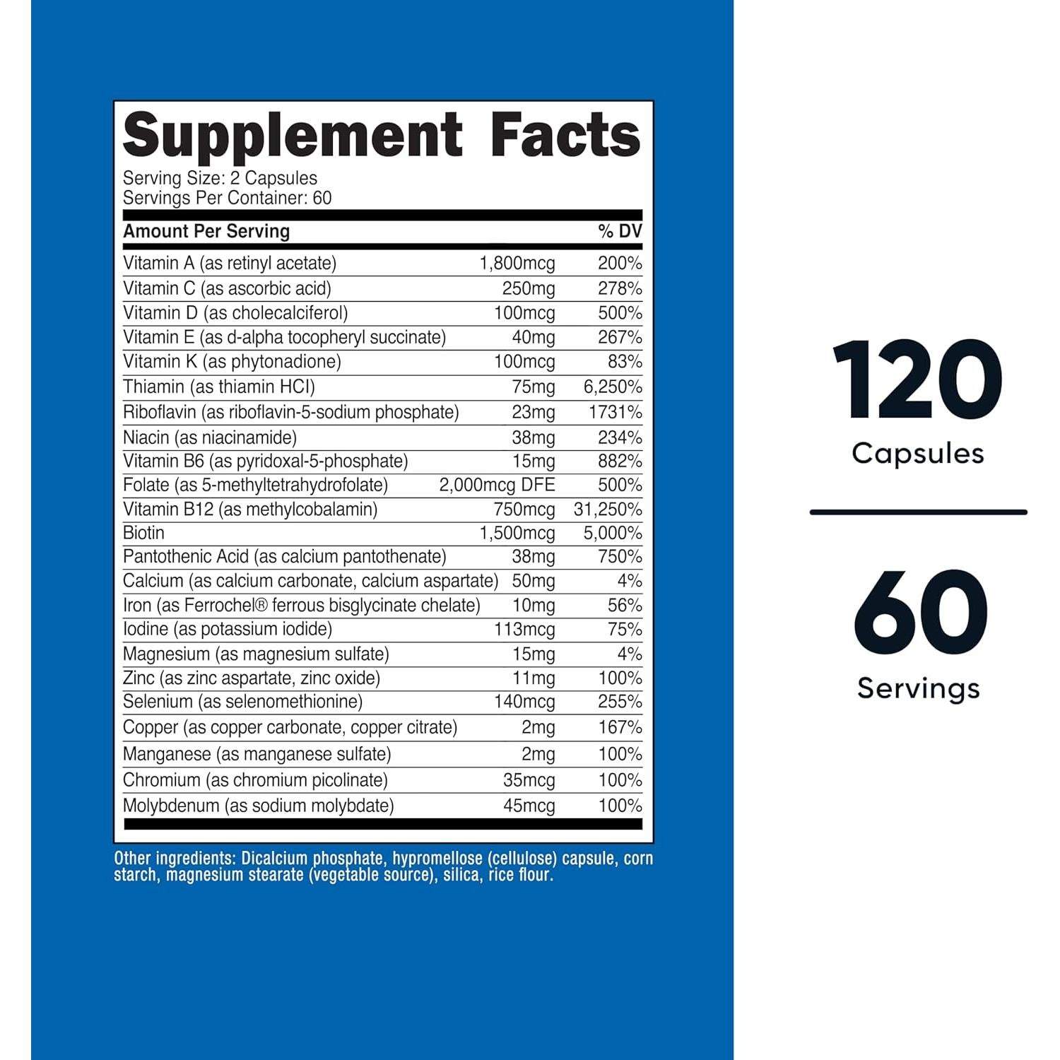 Multivitamina Metilada Nutricost 120 Cápsulas - 23 Vitaminas y Minerales