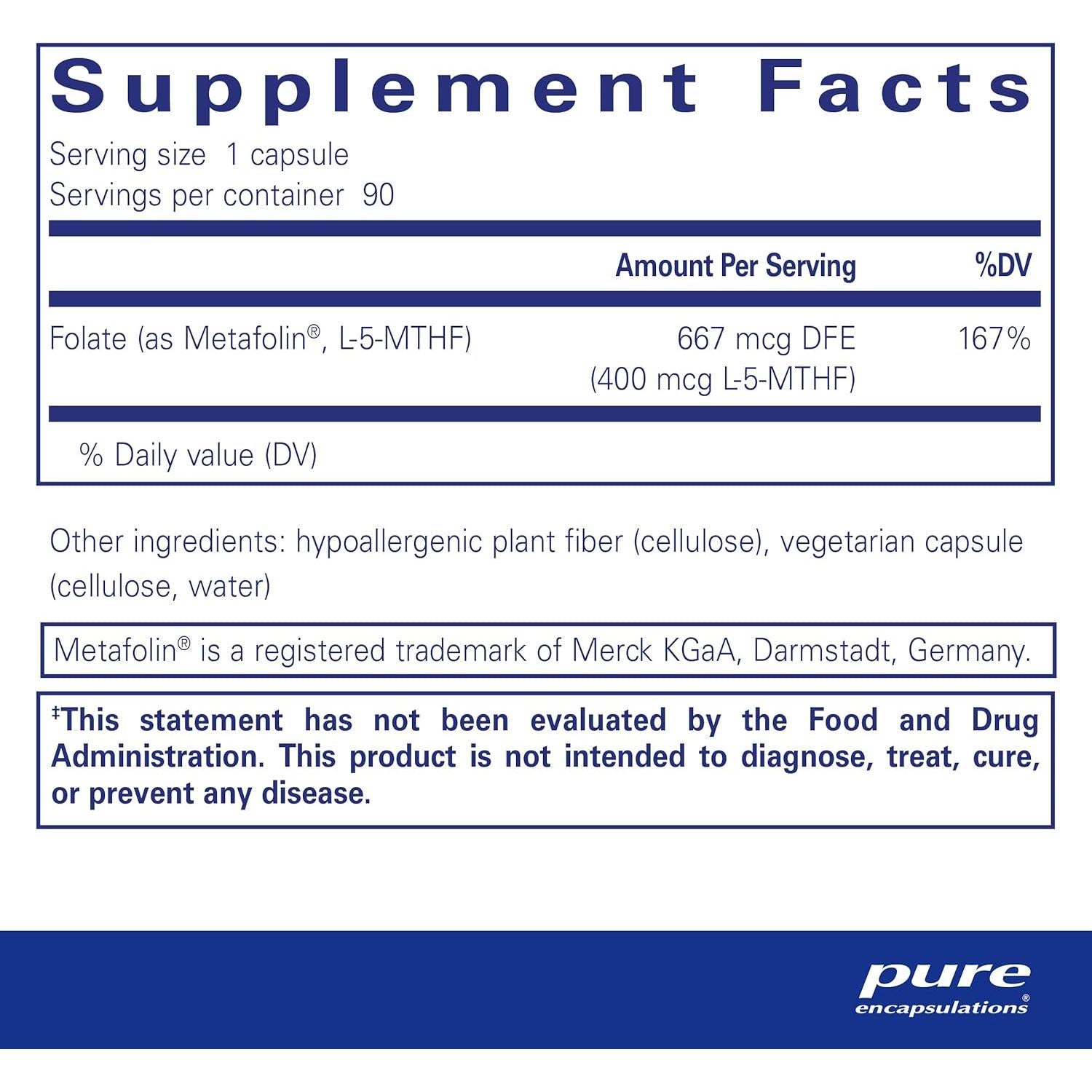 Suplemento de Folato 400 Pure Encapsulations - 90 Cápsulas