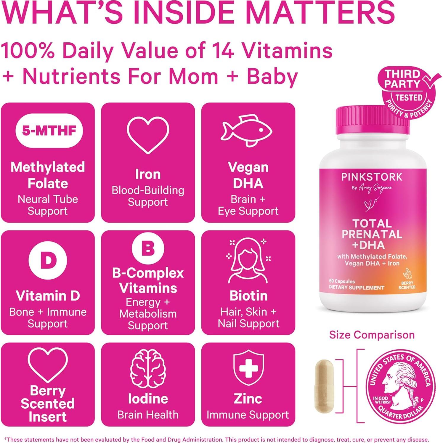 Vitaminas Prenatales Pink Stork con DHA y Folato - 60 Cápsulas