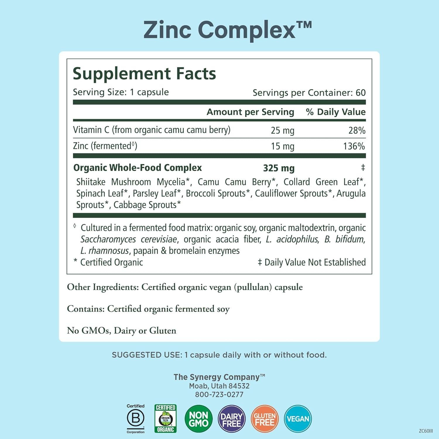 Suplemento de Zinc Orgánico Synergy 60 Cápsulas - Inmunidad