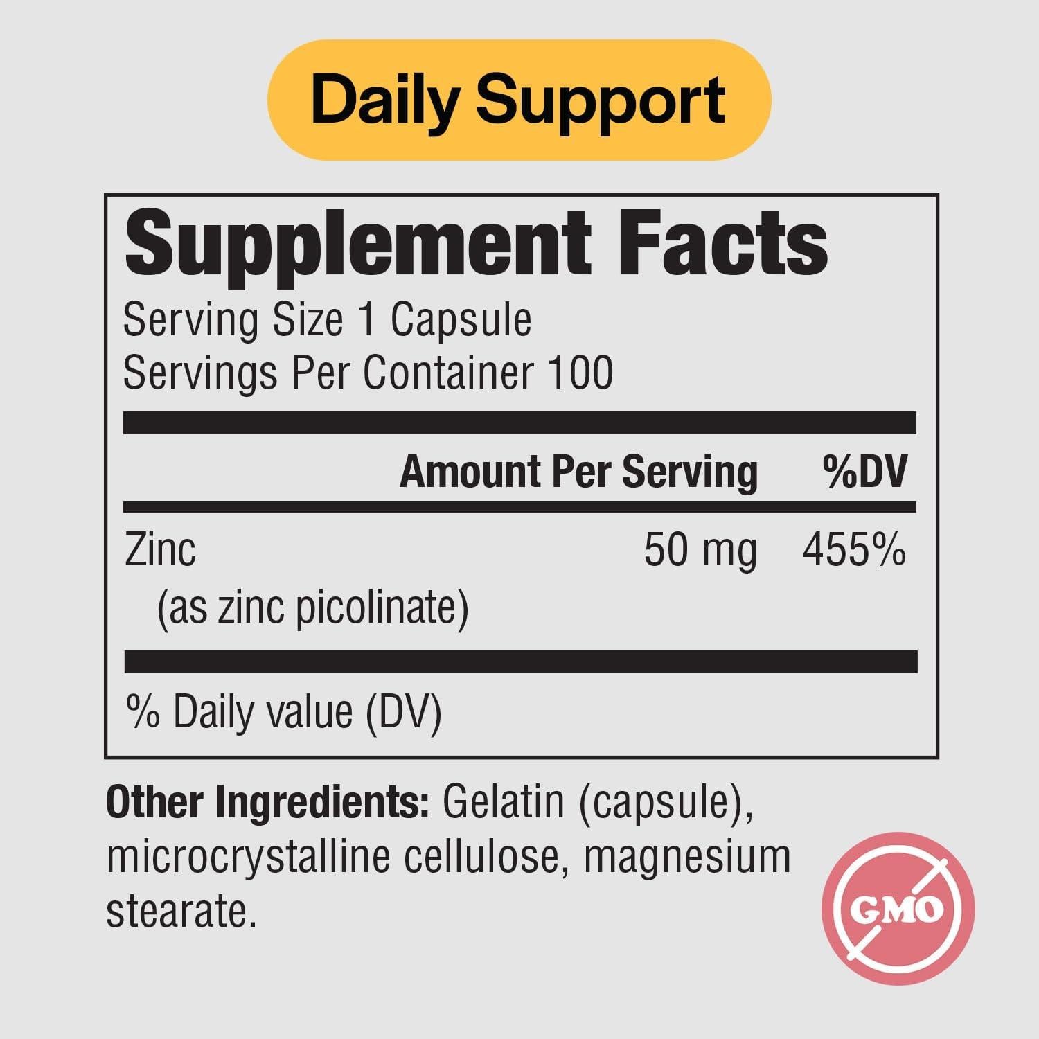 Suplemento de Zinc Picolinato PureFormulas 50 mg 100 Cápsulas