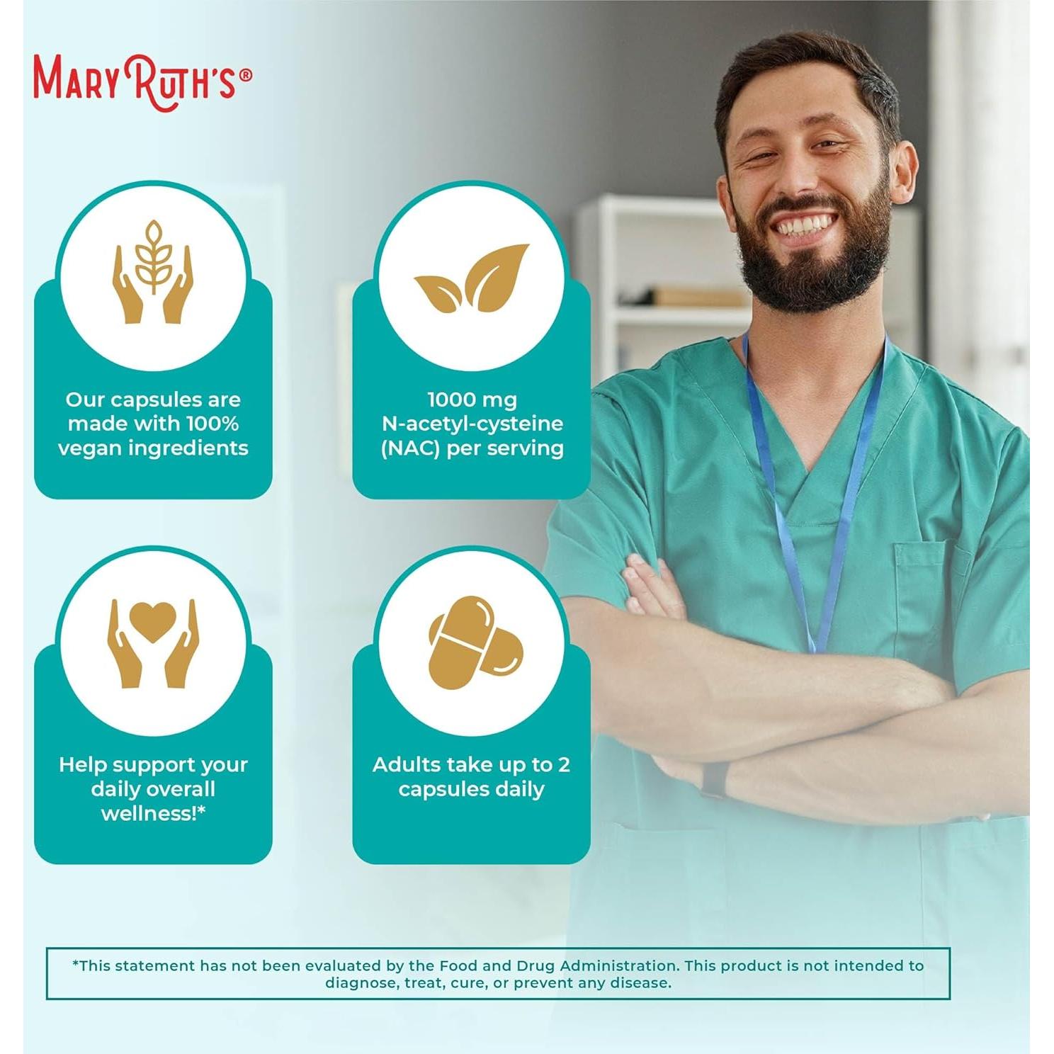 Suplemento NAC MaryRuth 1000mg | 120 Cápsulas Veganas | 2 Meses