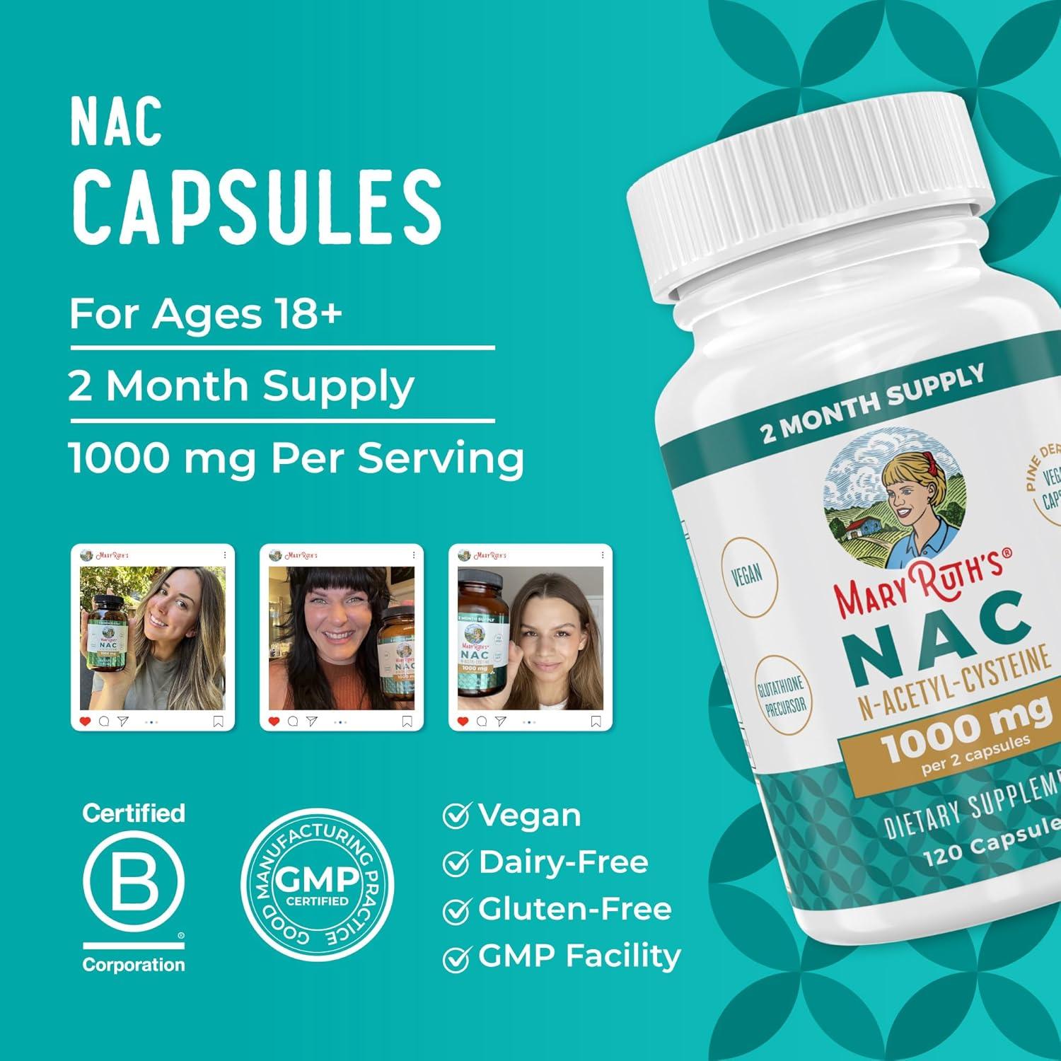 Suplemento NAC MaryRuth 1000mg | 120 Cápsulas Veganas | 2 Meses