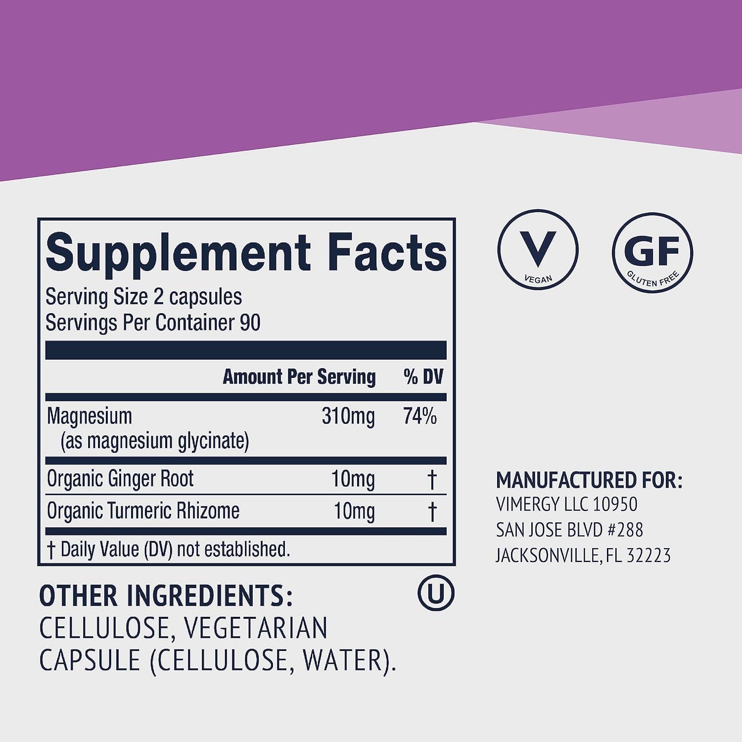 Vimergy Magnesio Glicinato 180 Cápsulas - Apoyo Estrés y Corazón