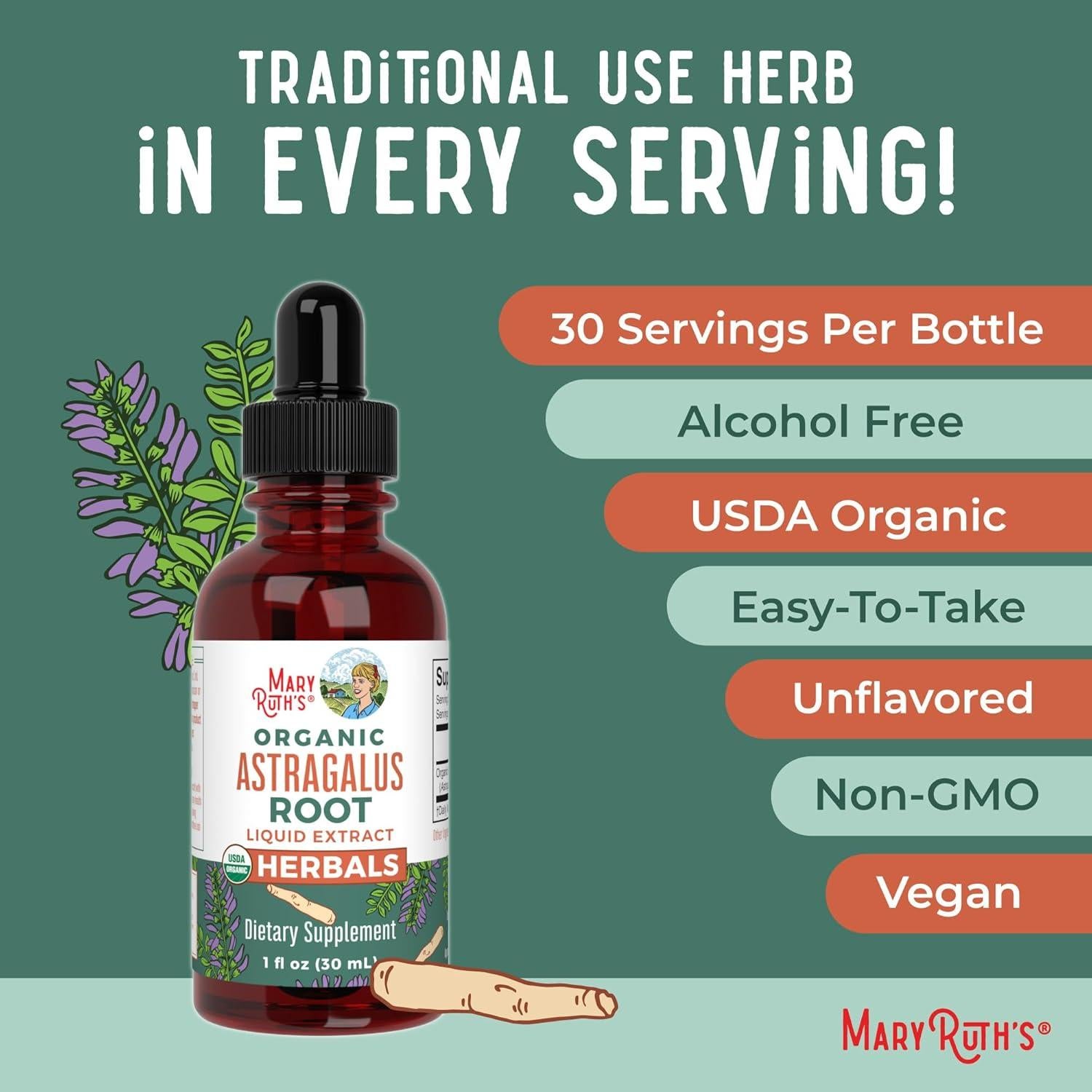 Gotas de Raíz de Astrágalo MaryRuth 30 mL Orgánico Vegano