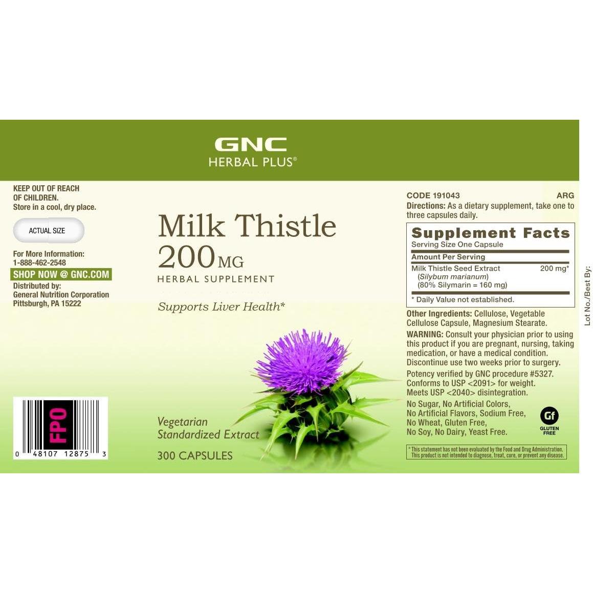 Suplemento Cardo Mariano GNC Herbal Plus 200mg Vegetariano 100 Porciones